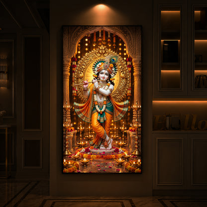 Lord Krishna Playing Flute In Standing Pose Modern Luxury Backlight Vertical Wall Art
