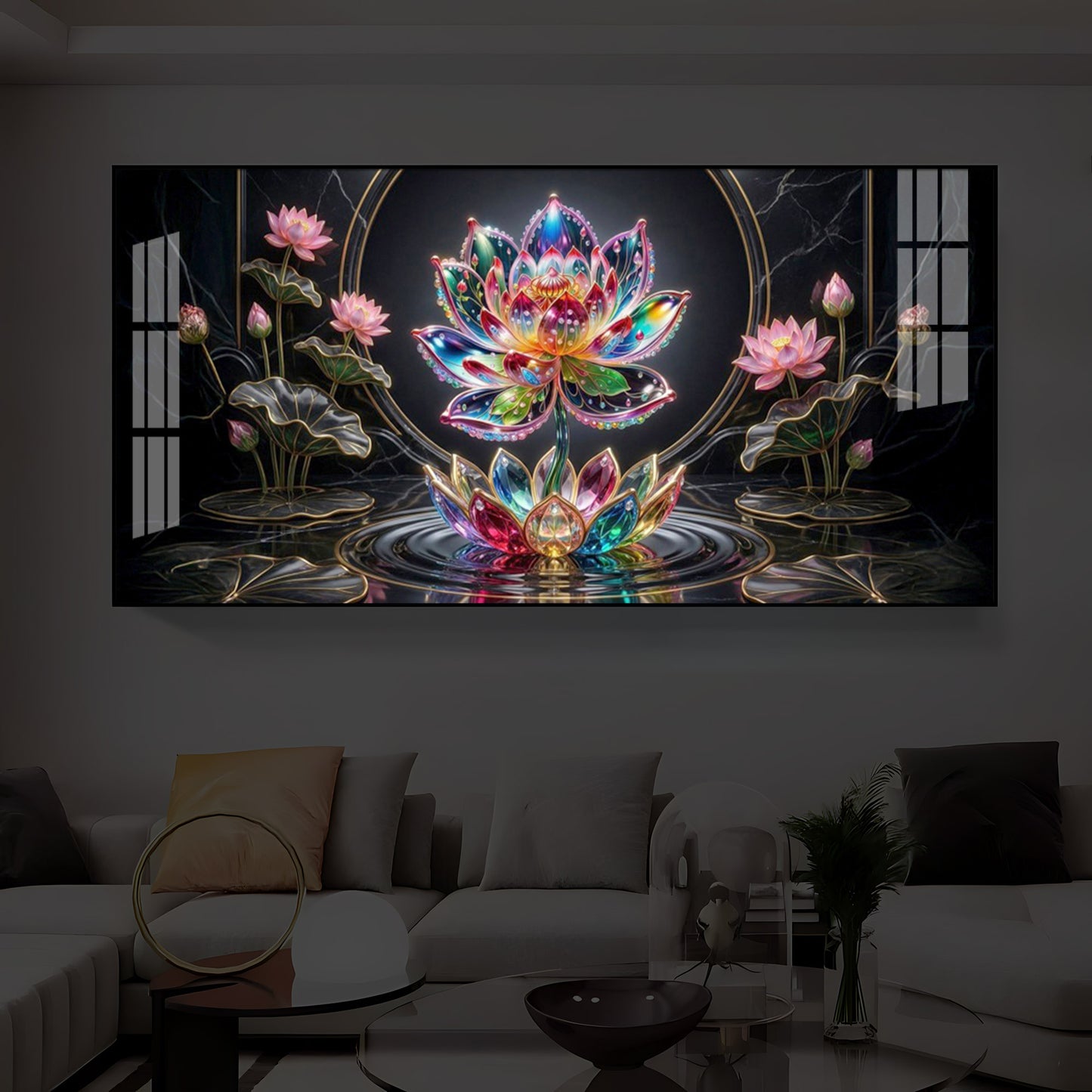 Colorful Lotus Flower Modern Luxury Backlight Horizontal Wall Art