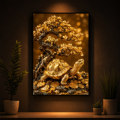 Golden Wealth Turtle Modern Luxury Backlight Vertical Wall Art