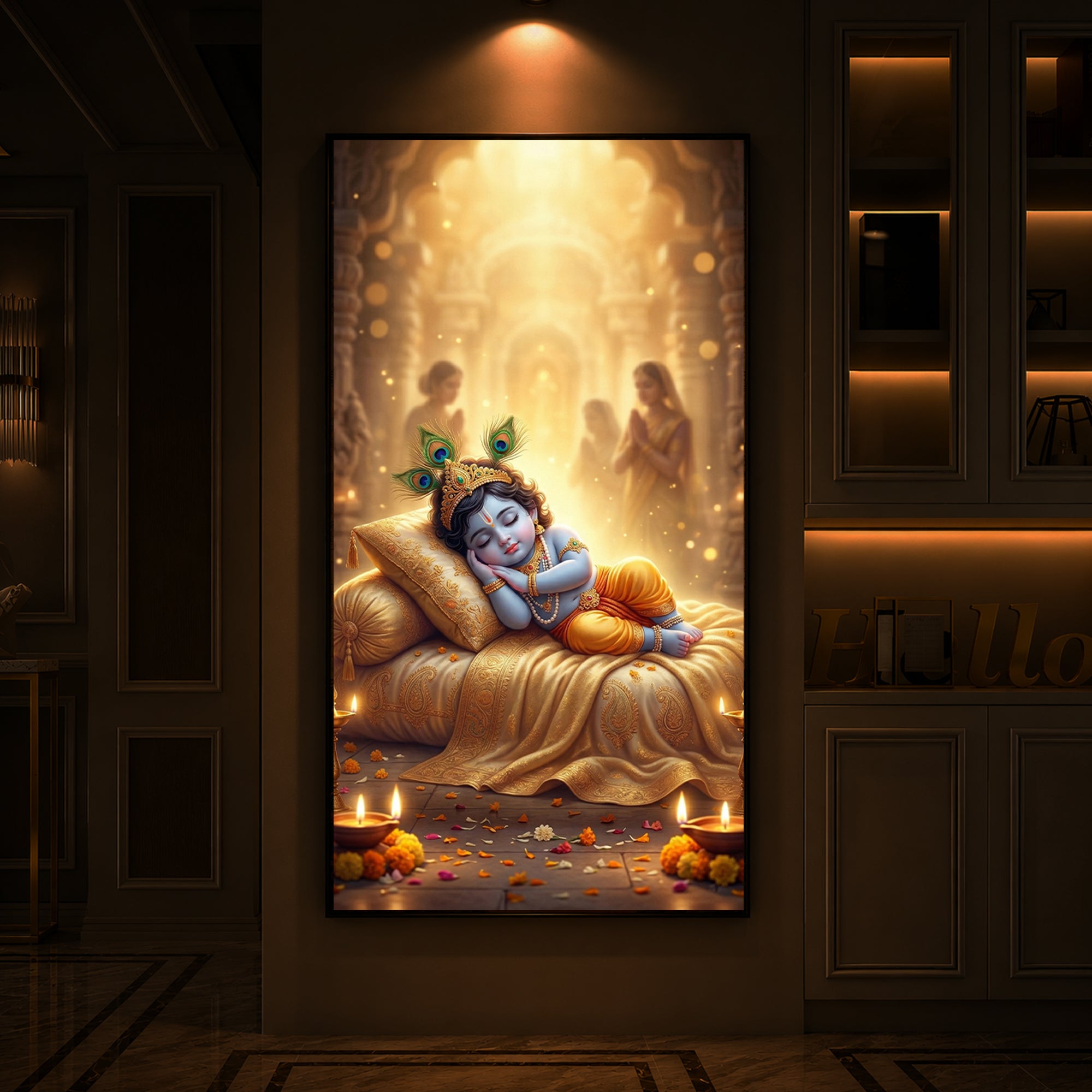 Sleeping Little Krishna Ji Modern Luxury Backlight Vertical Wall Art