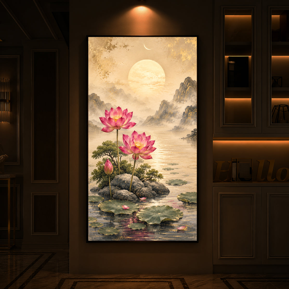 Serene Pink Lotus Landscape Modern Luxury Backlight Vertical Wall Art