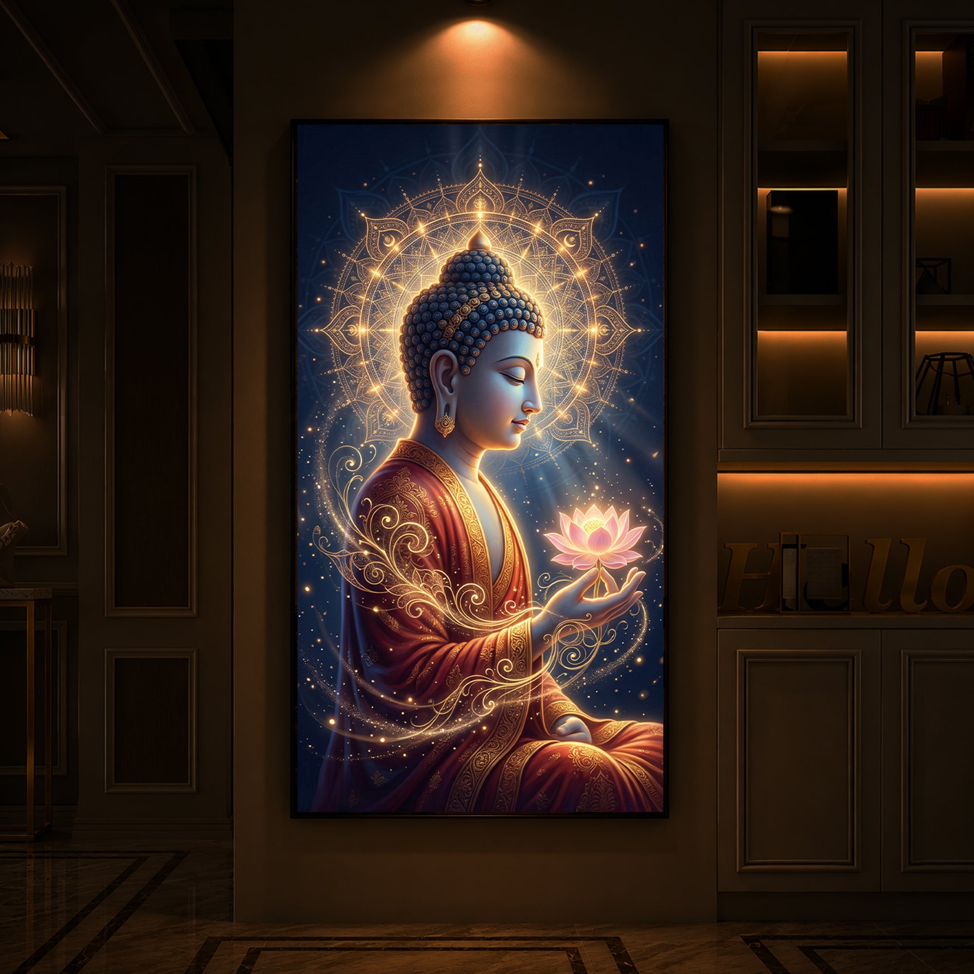 Depiction Of Buddha Modern Luxury Backlight Vertical Wall Art