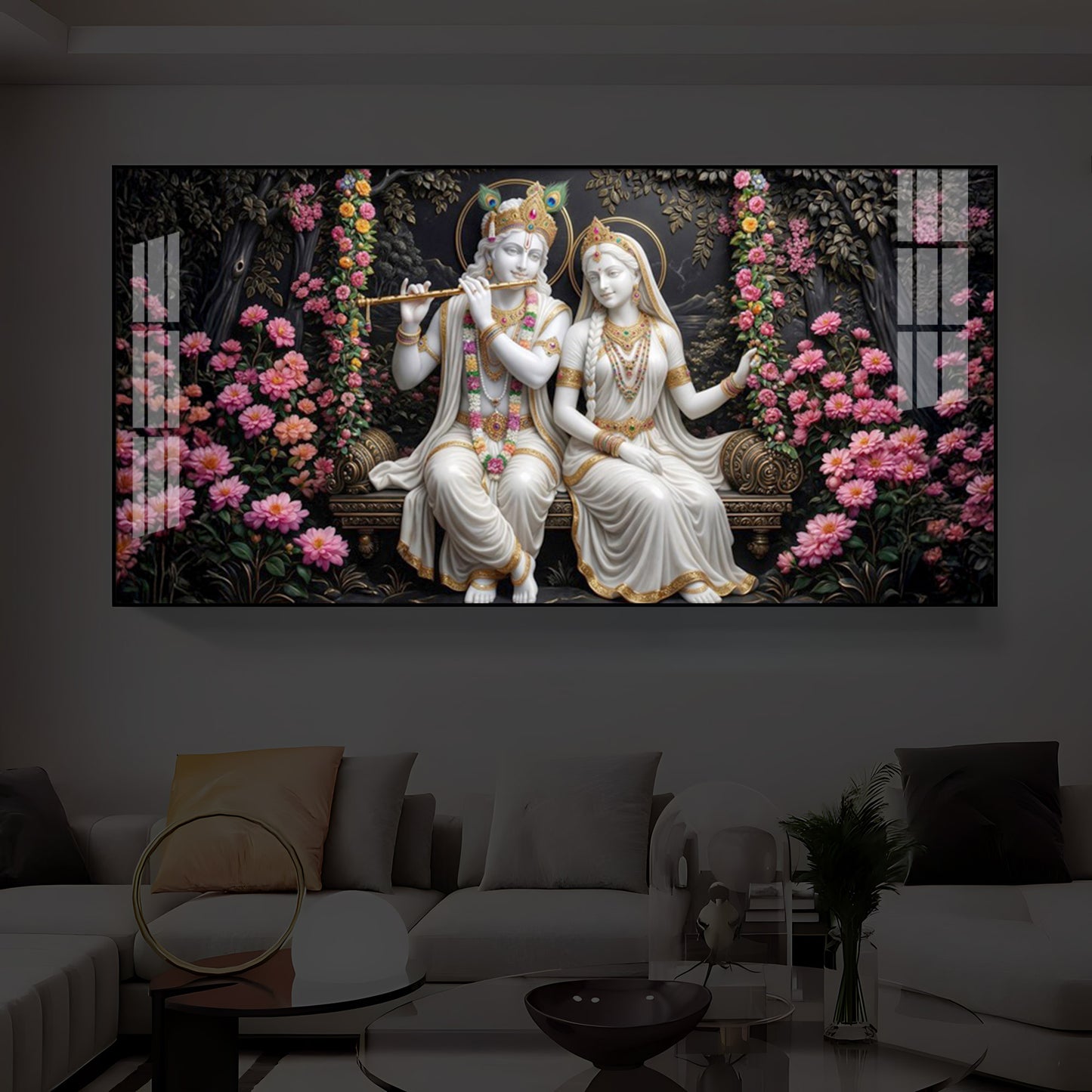 Radha Krishna With Flower Modern Luxury Backlight Horizontal Wall Art