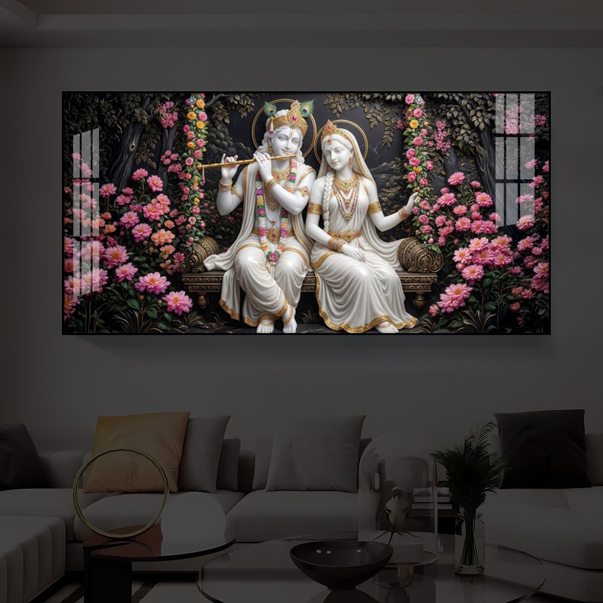 Radha Krishna With Flower Modern Luxury Backlight Horizontal Wall Art