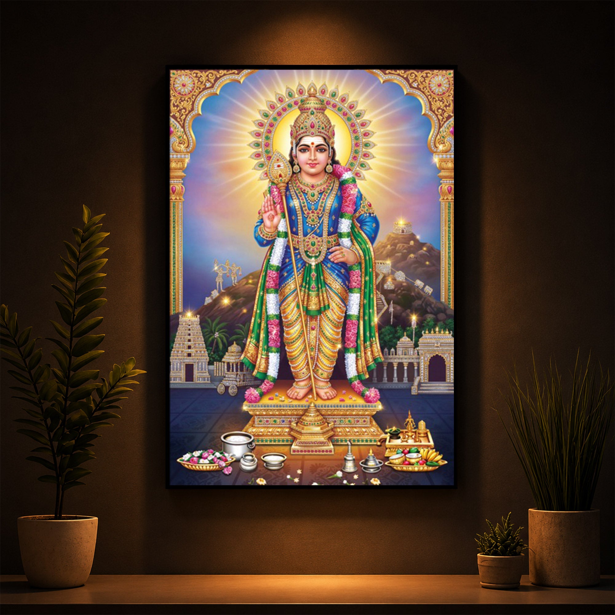 Lord Murugan Kartikeya Modern Luxury Backlight Vertical Wall Art