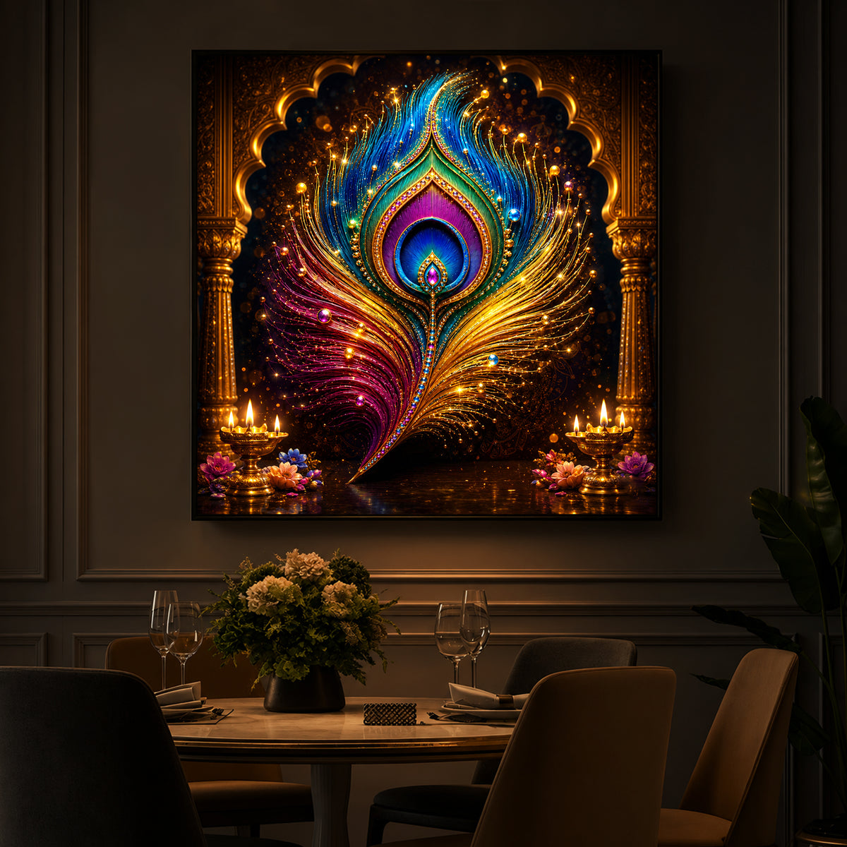 Glowing Peacock Feather Modern Luxury Backlight Square Wall Art
