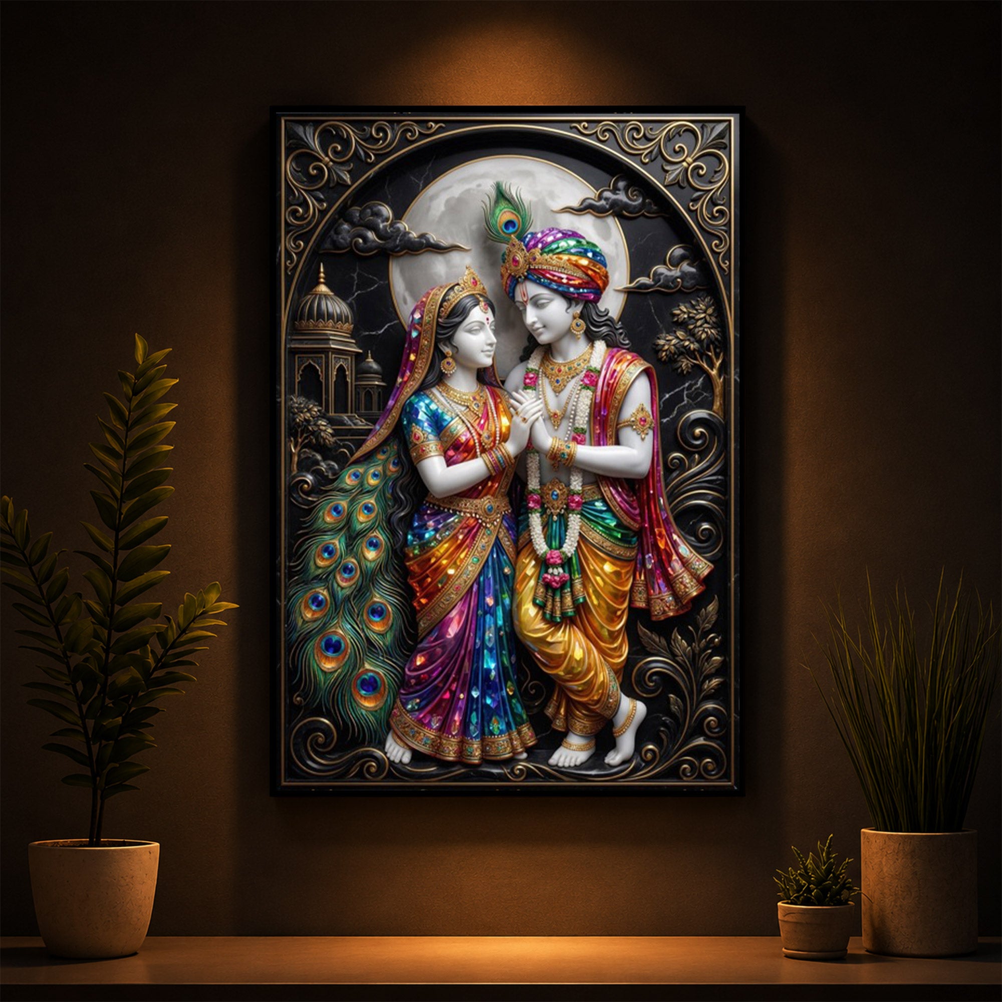 Radha Krishna With Moon Modern Luxury Backlight Vertical Wall Art