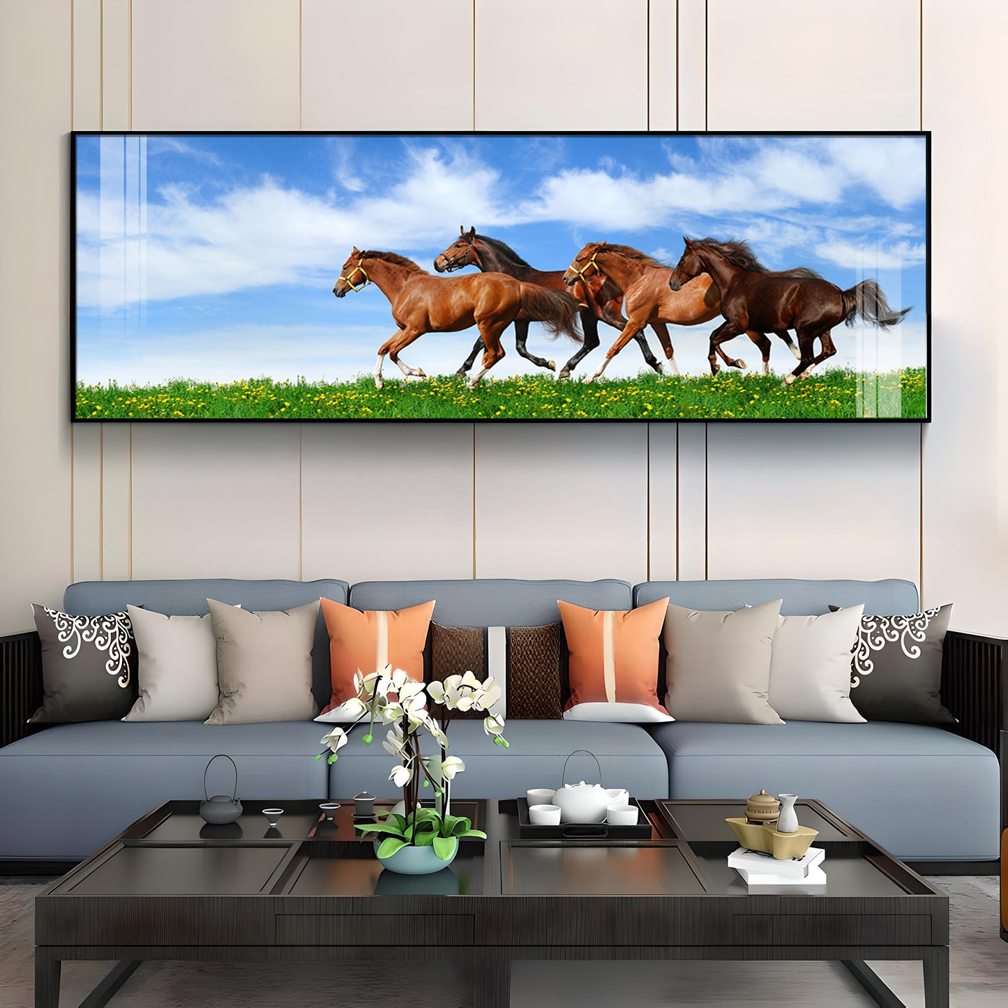 Horses In Green Grass Premium Acrylic Horizontal Wall Art