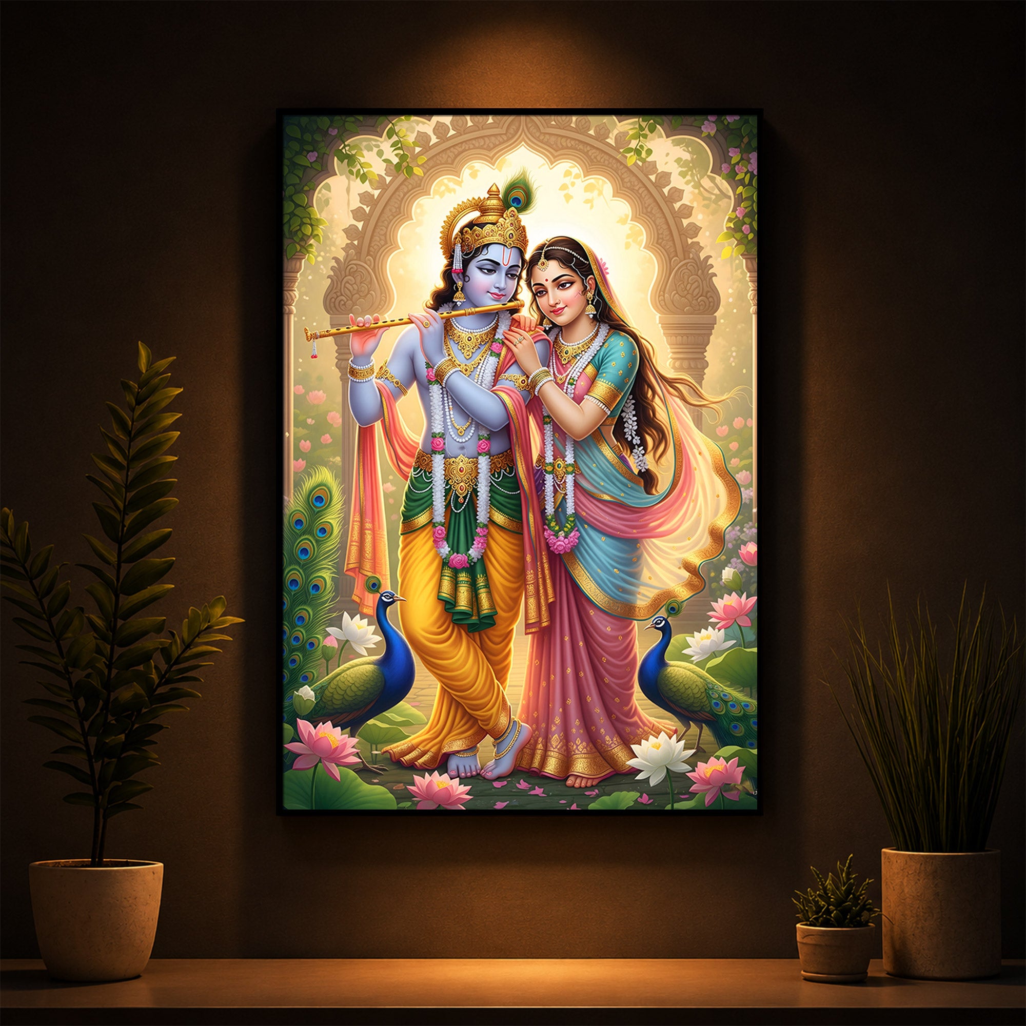 Loving Shri Radhe Krishna Modern Luxury Backlight Vertical Wall Art