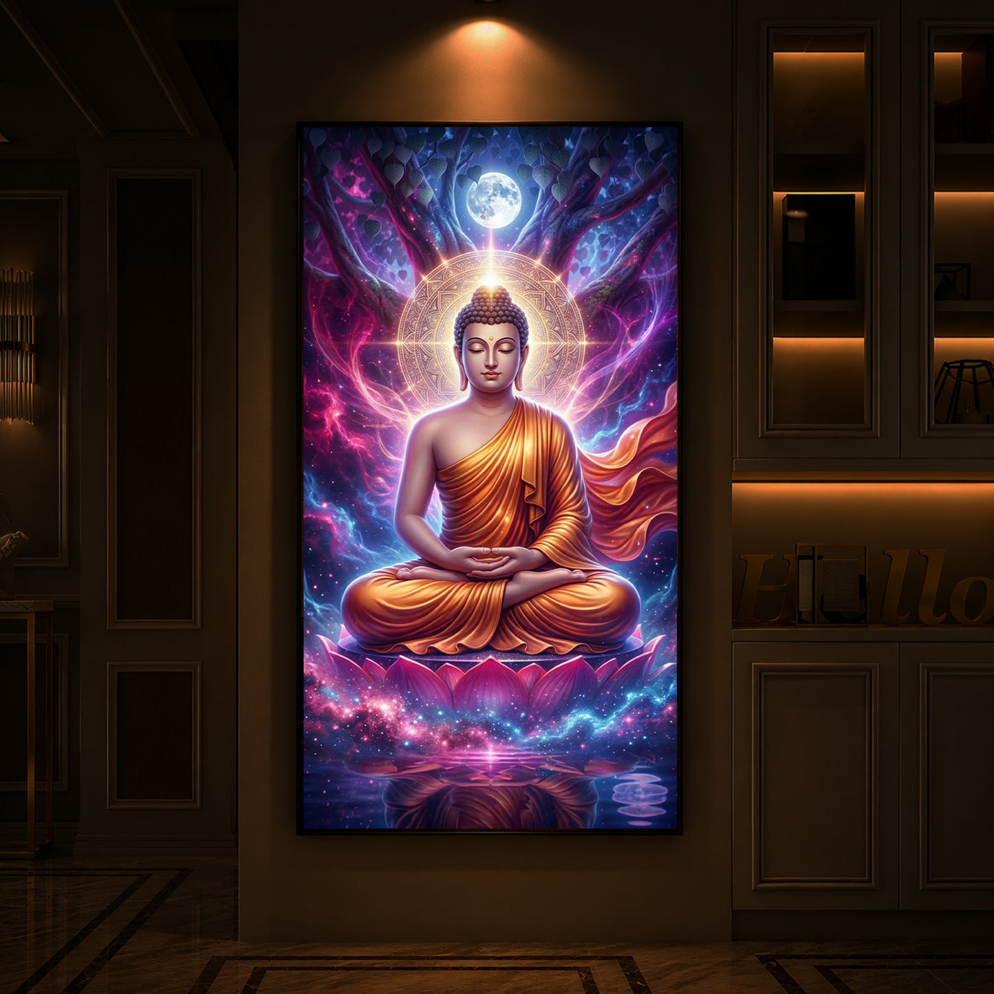 Lord Buddha Modern Luxury Backlight Vertical Wall Art