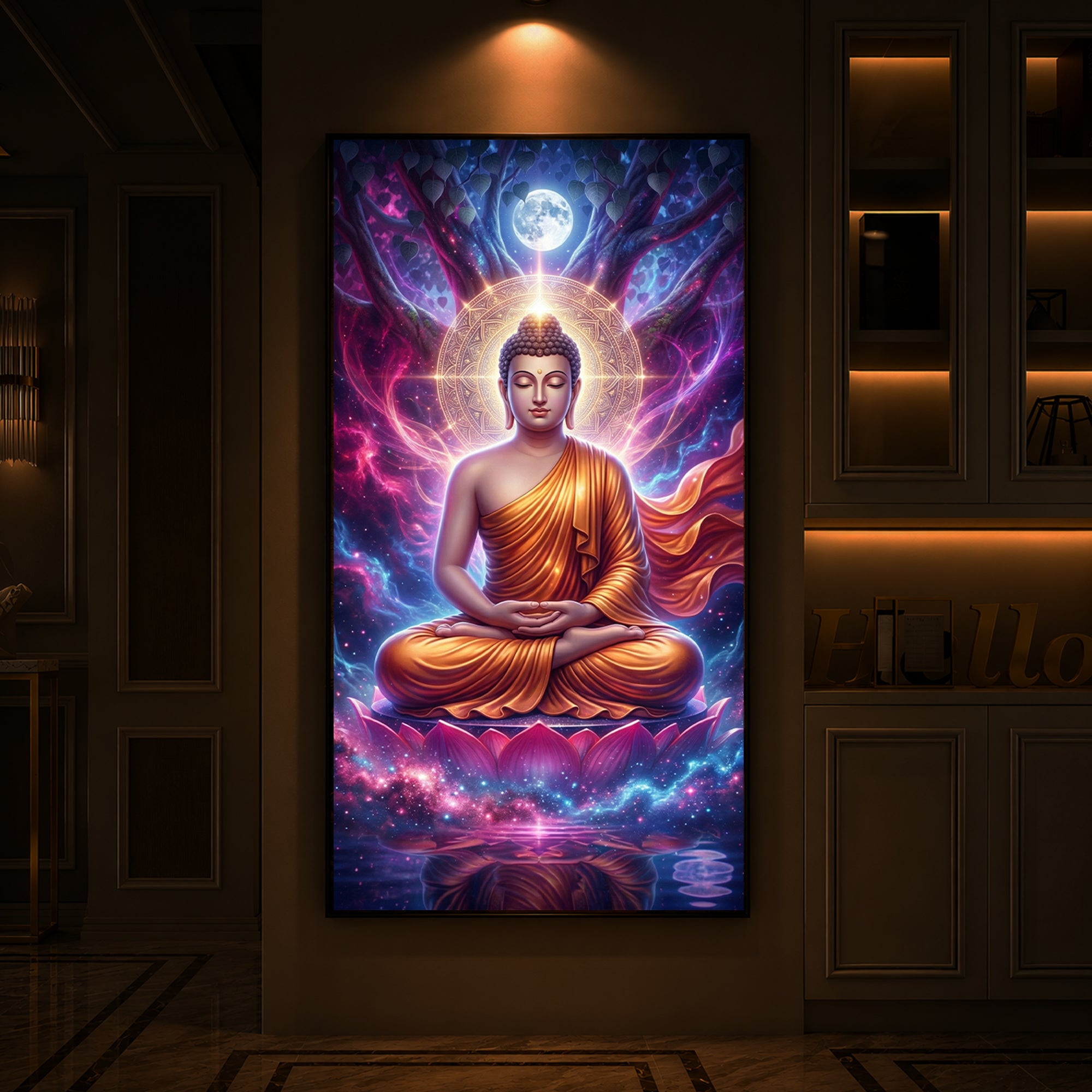 Lord Buddha Modern Luxury Backlight Vertical Wall Art