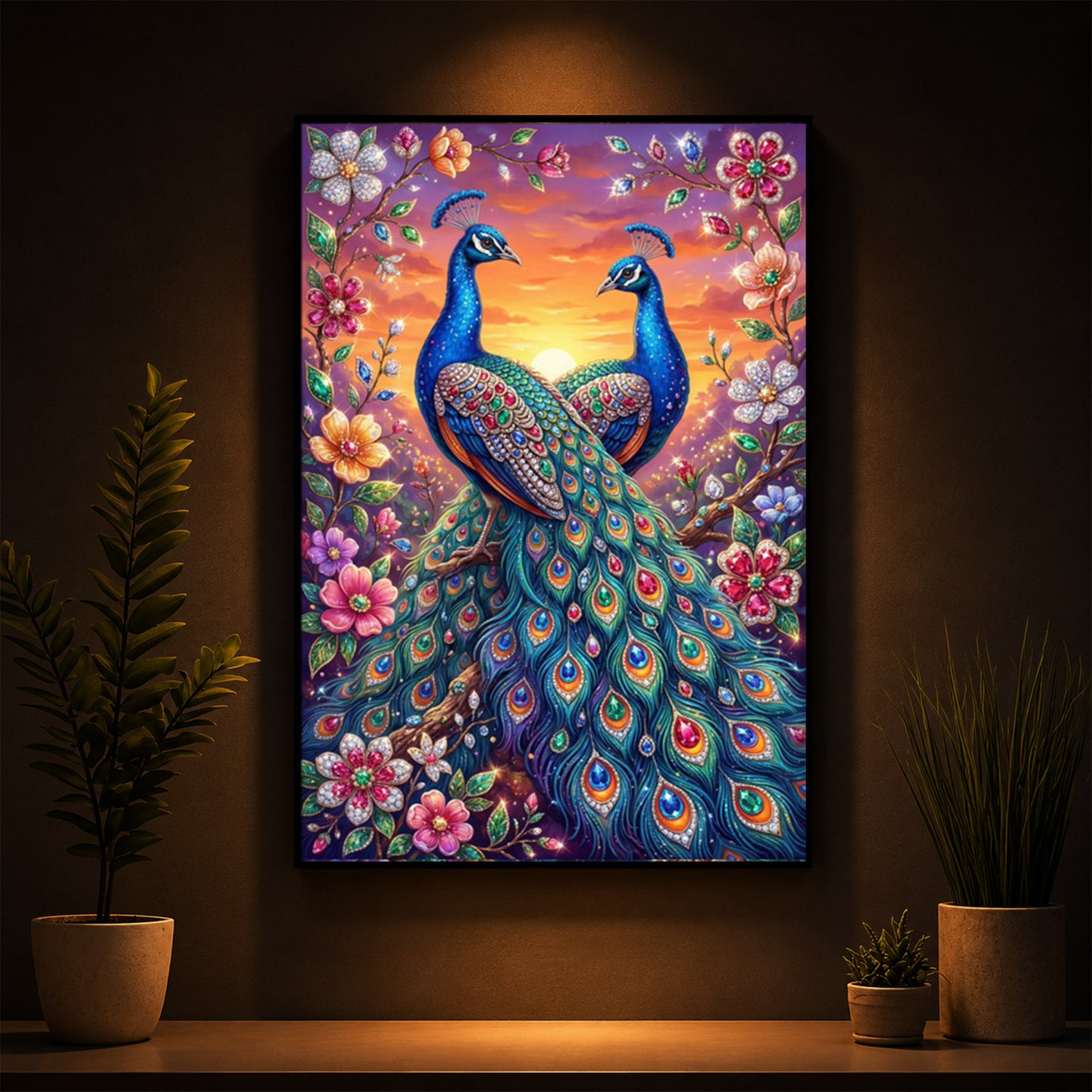 Majestic Pair Of Peacocks Modern Luxury Backlight Vertical Wall Art