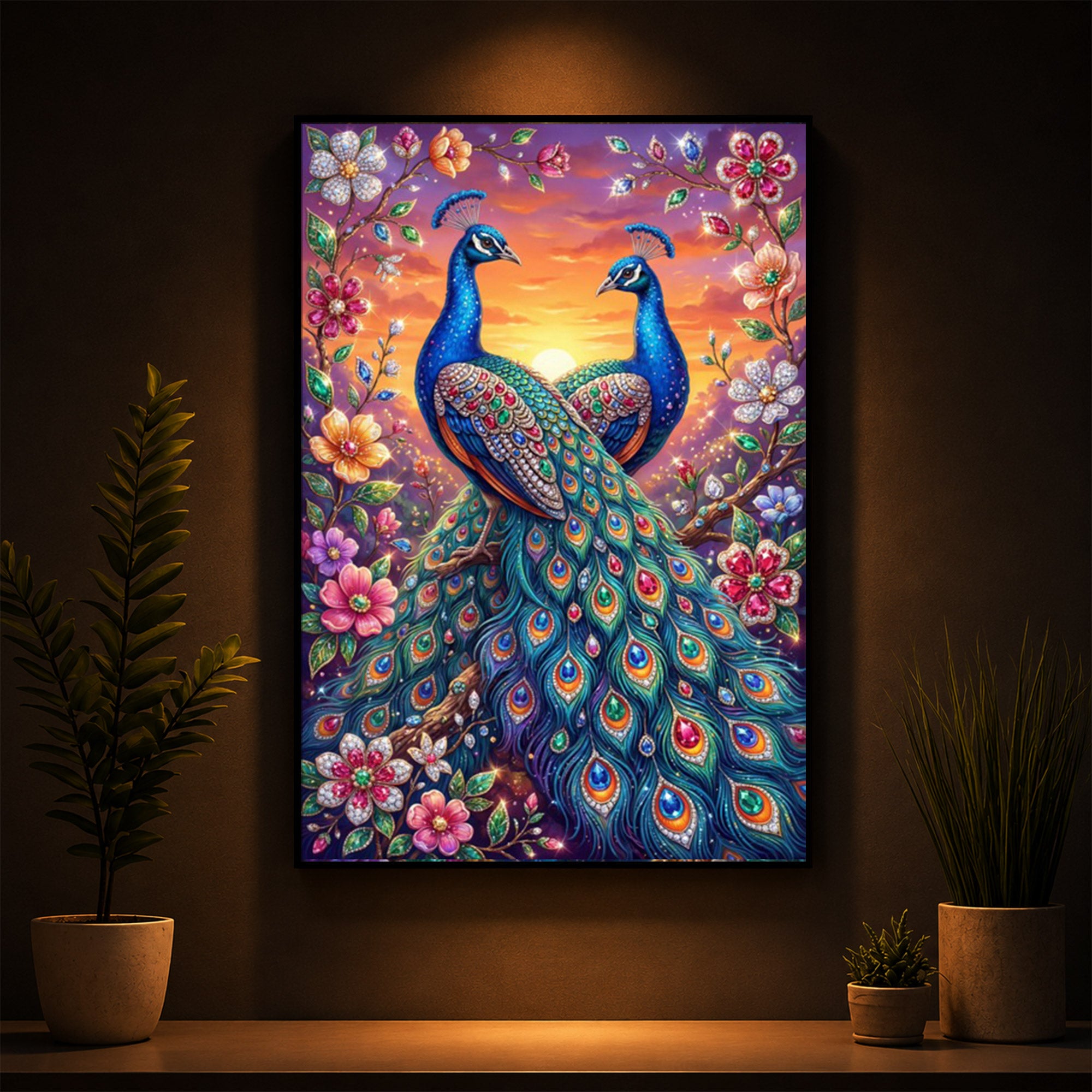 Majestic Pair Of Peacocks Modern Luxury Backlight Vertical Wall Art