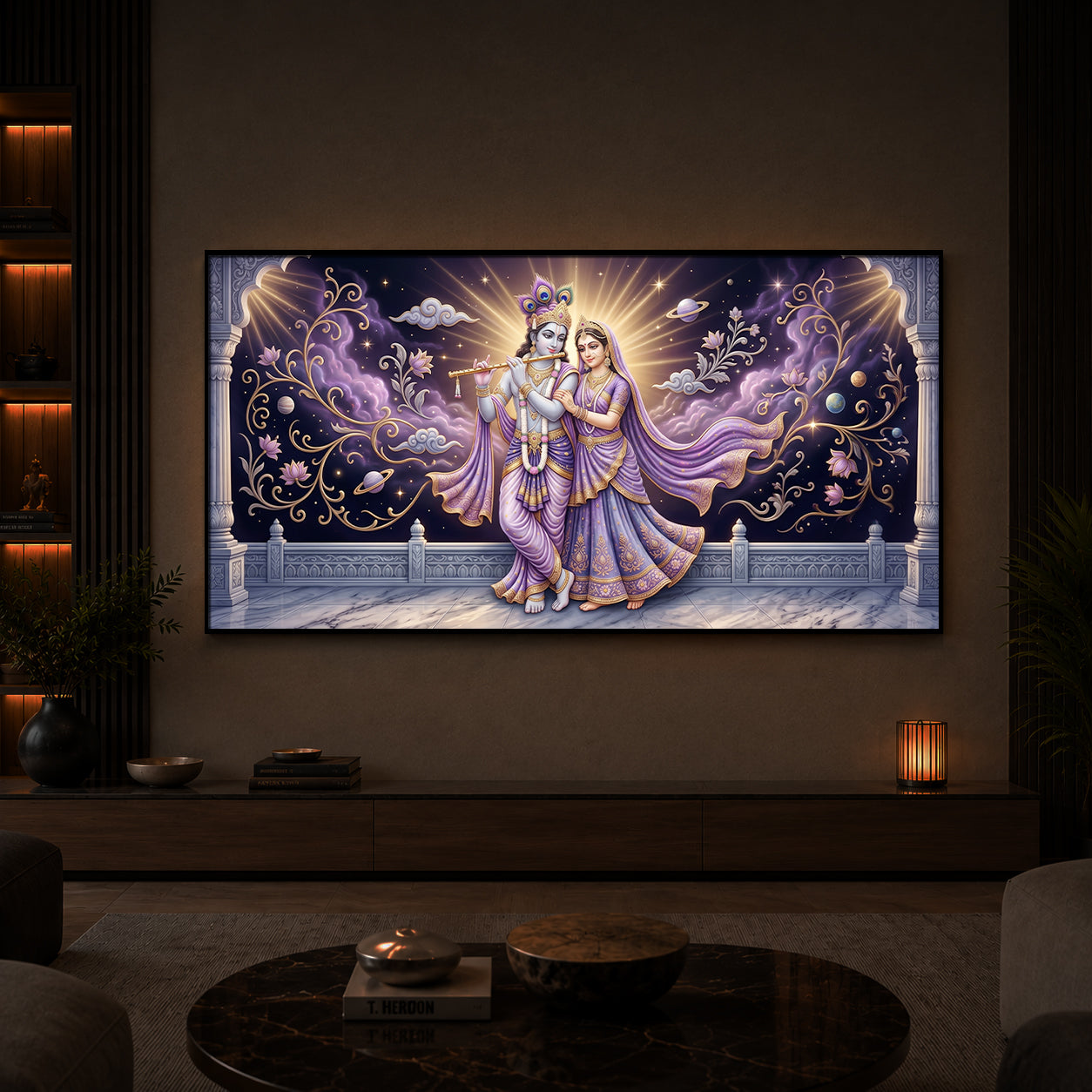 Divine Couple Radha Krishna Modern Luxury Backlight Horizontal Wall Art