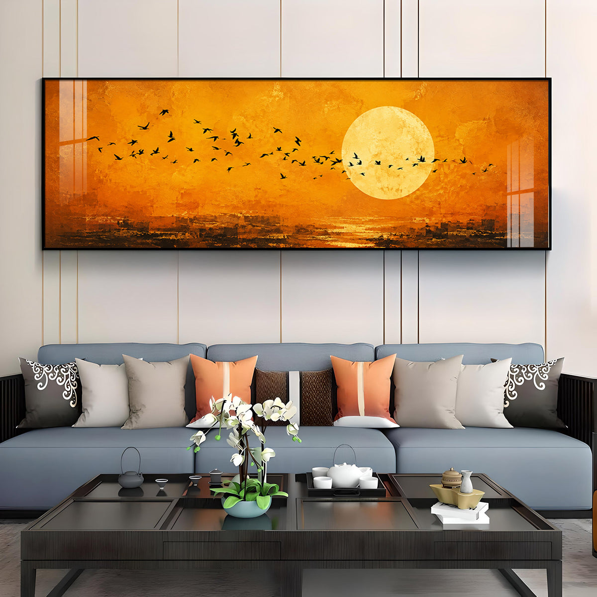 Flocking Birds Golden Sun Premium Acrylic Horizontal Wall Art