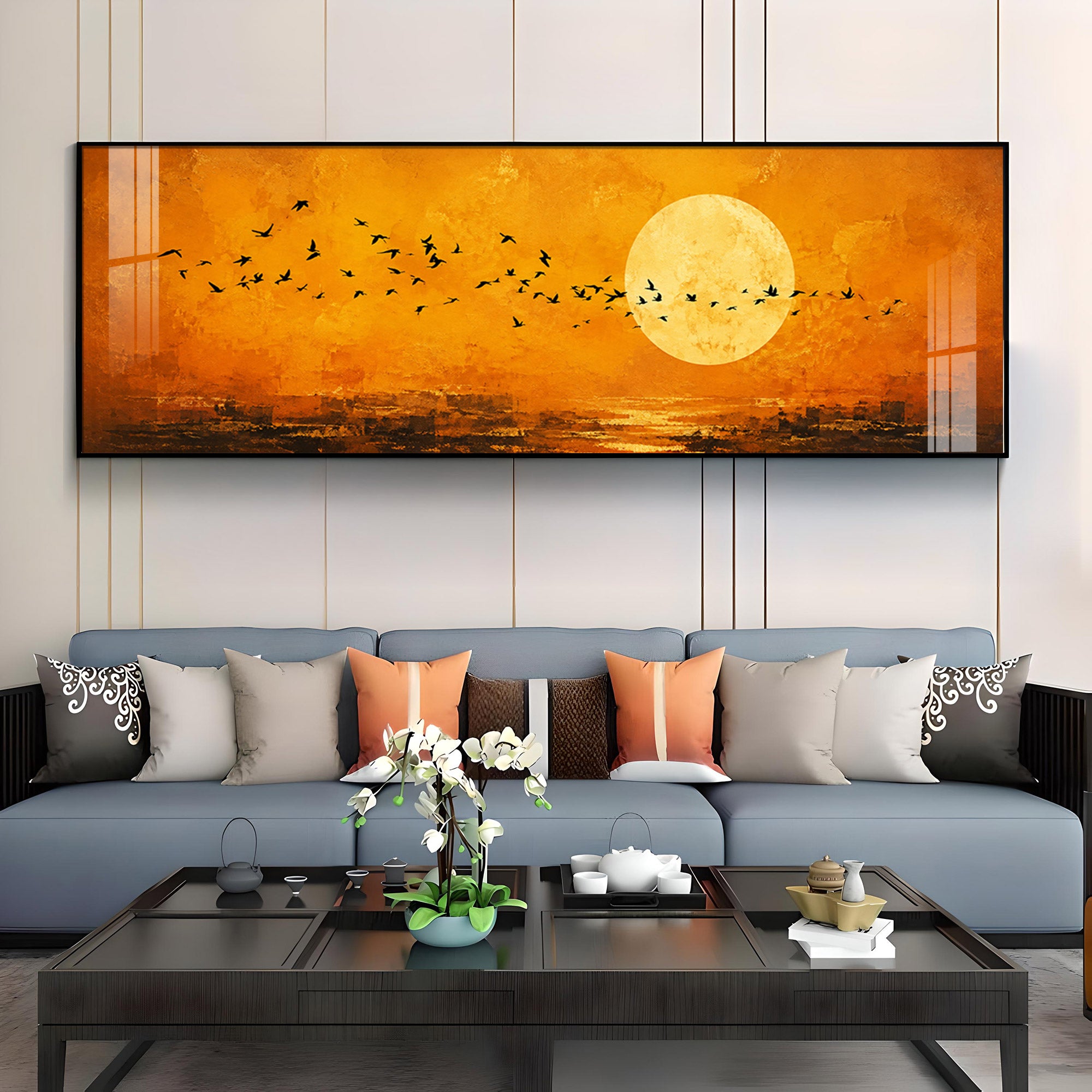 Flocking Birds Golden Sun Premium Acrylic Horizontal Wall Art