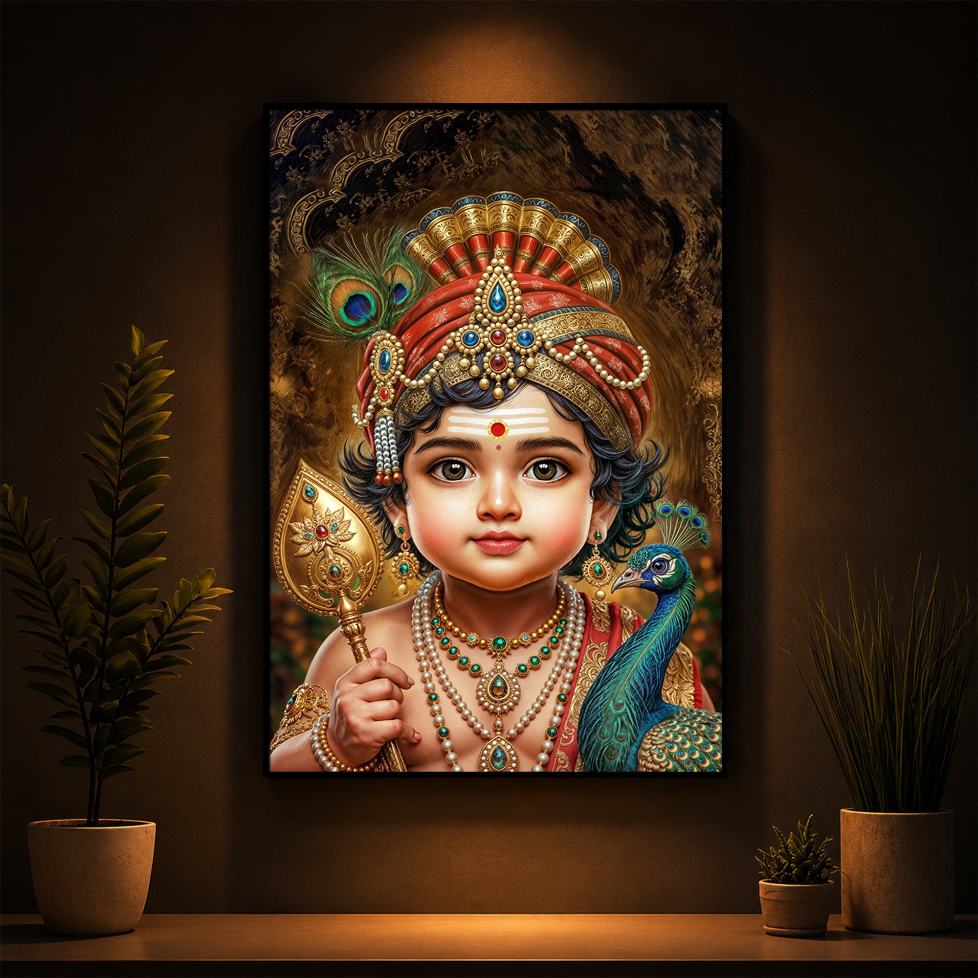 Little Murugan With Peacock Modern Luxury Backlight Vertical Wall Art