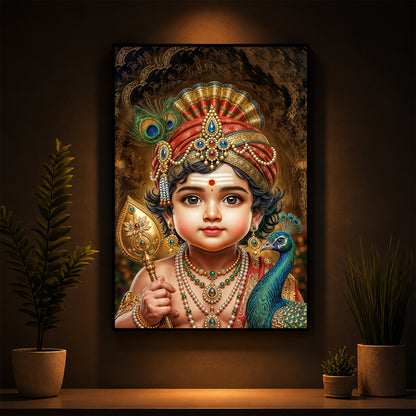 Little Murugan With Peacock Modern Luxury Backlight Vertical Wall Art