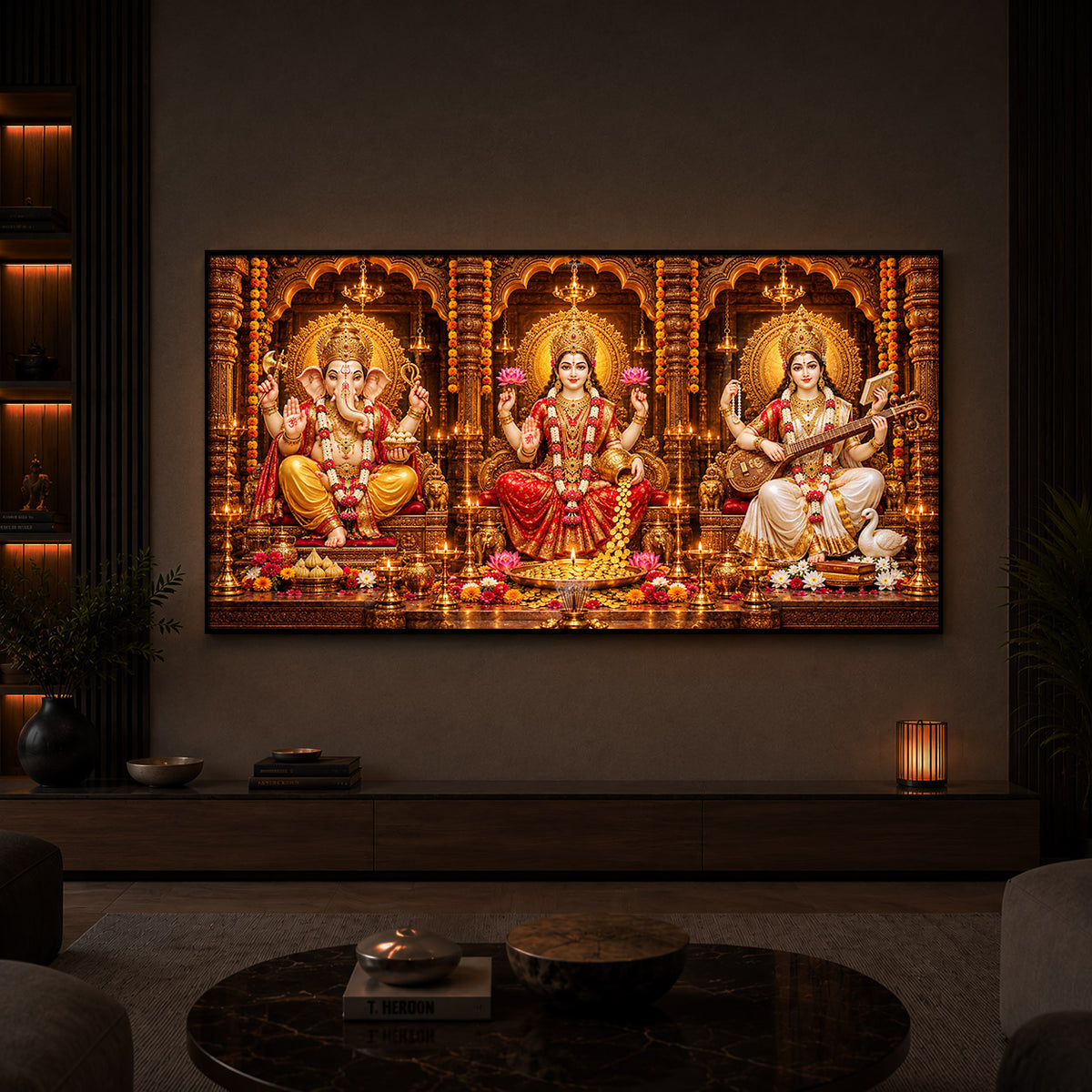 Maa Lakshmi, Lord Ganesha & Goddess Saraswati Modern Luxury Backlight Horizontal Wall Art