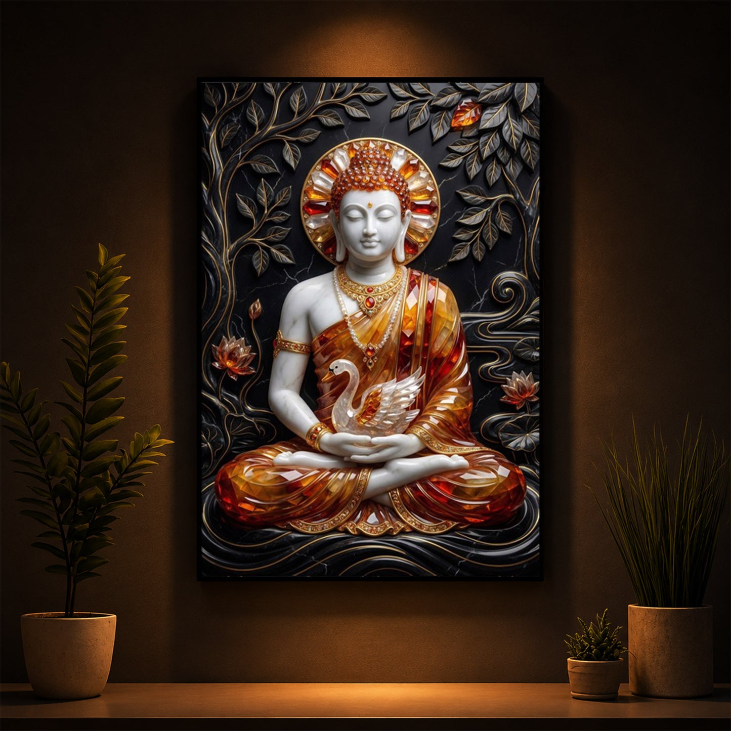 Golden Lord Buddha Modern Luxury Backlight Vertical Wall Art