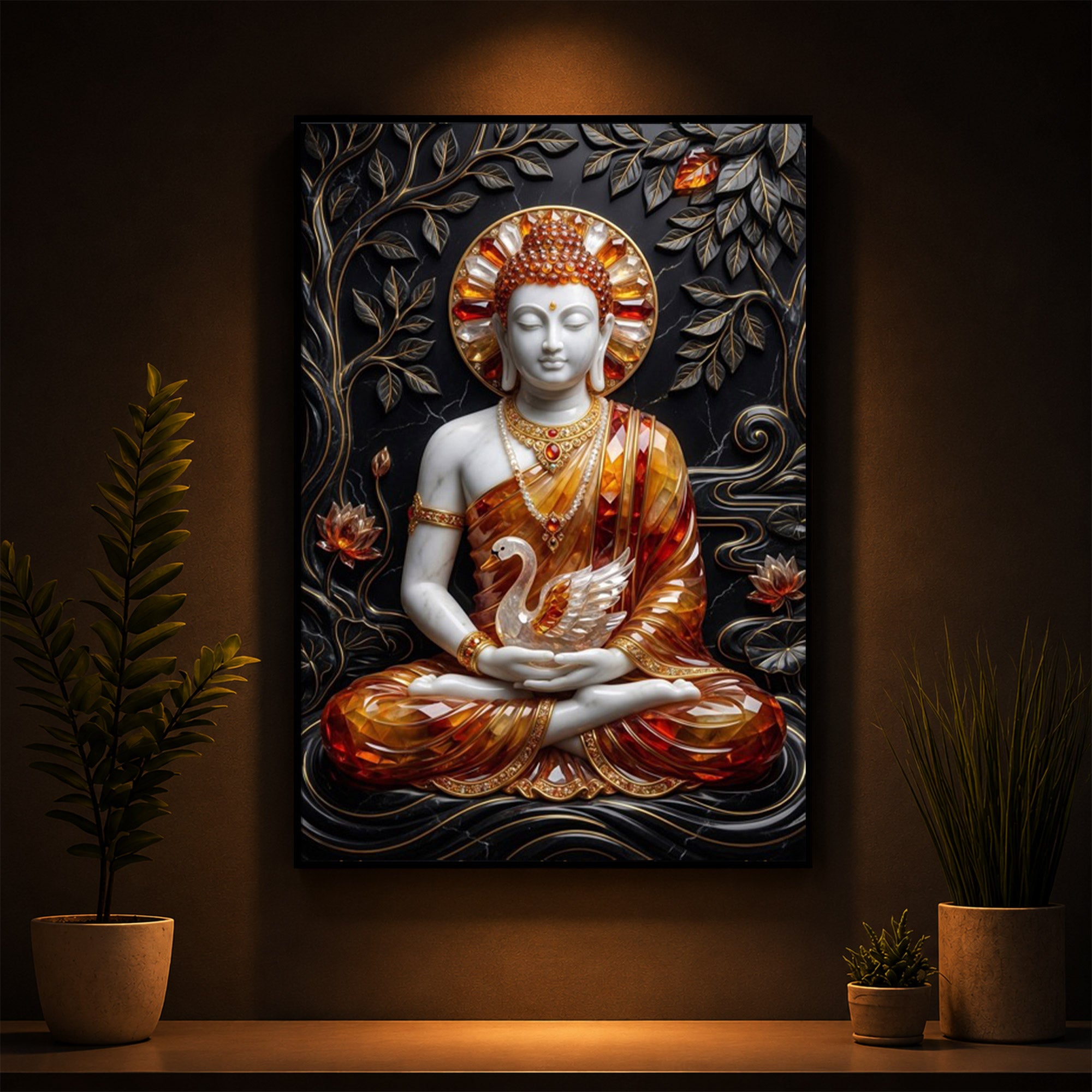 Golden Lord Buddha Modern Luxury Backlight Vertical Wall Art