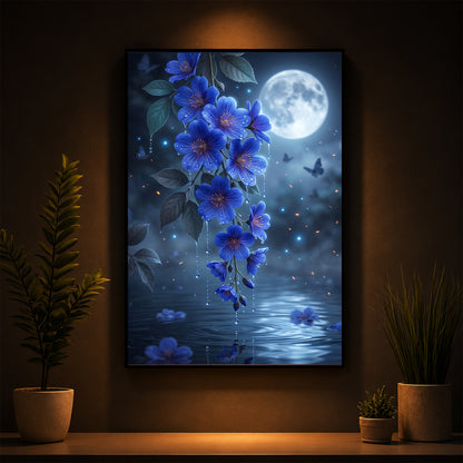 Moonlit Blue Blossoms Modern Luxury Backlight Vertical Wall Art