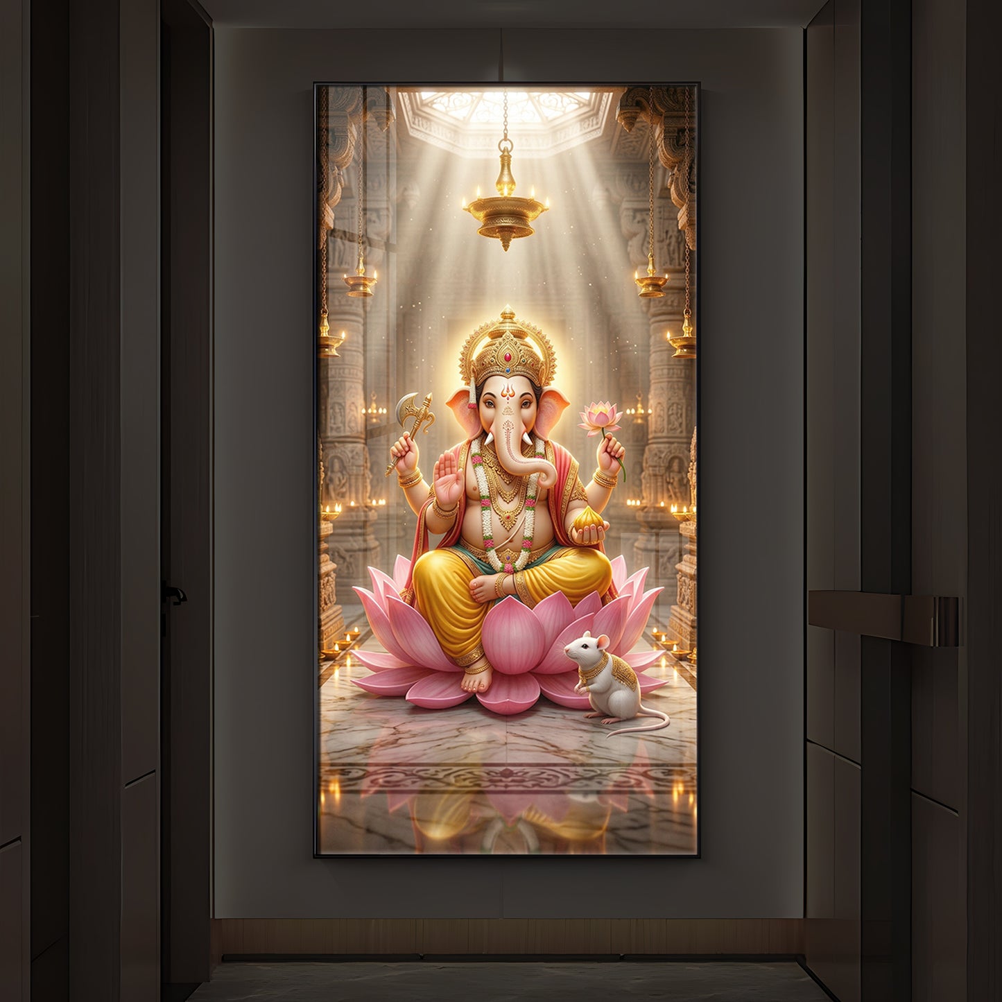 Lord Ganesh Ji On Lotus Modern Luxury Backlight Vertical Wall Art