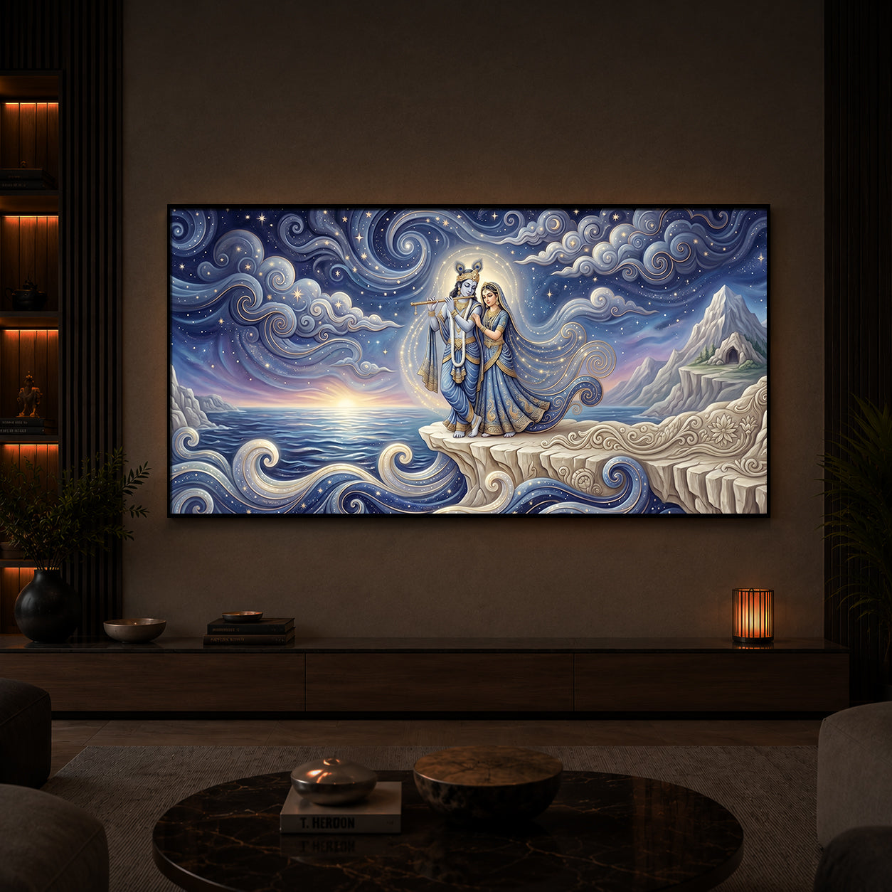 Divine Couple Radha Krishna With Flute Modern Luxury Backlight Horizontal Wall Art