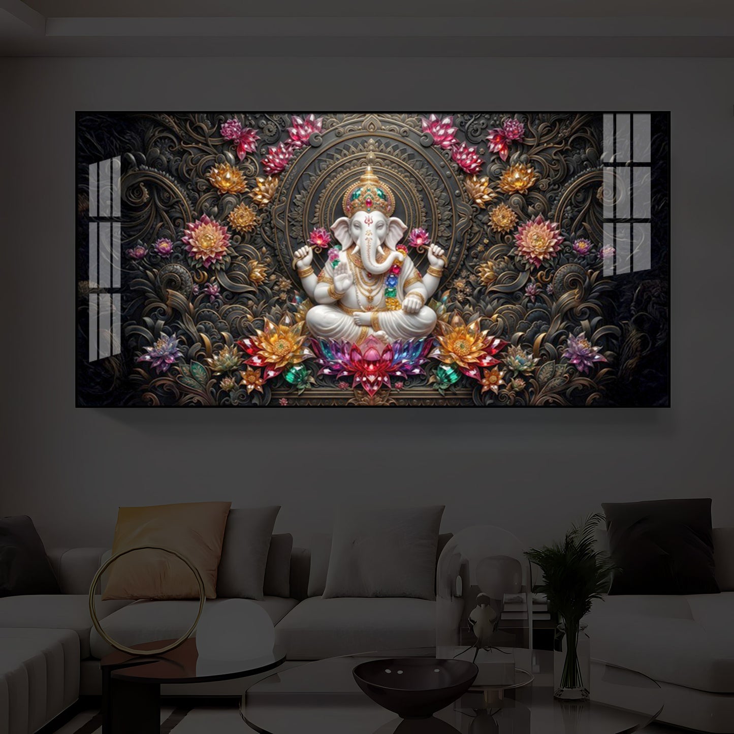 Lord Ganesha Blooming Lotuses Modern Luxury Backlight Horizontal Wall Art