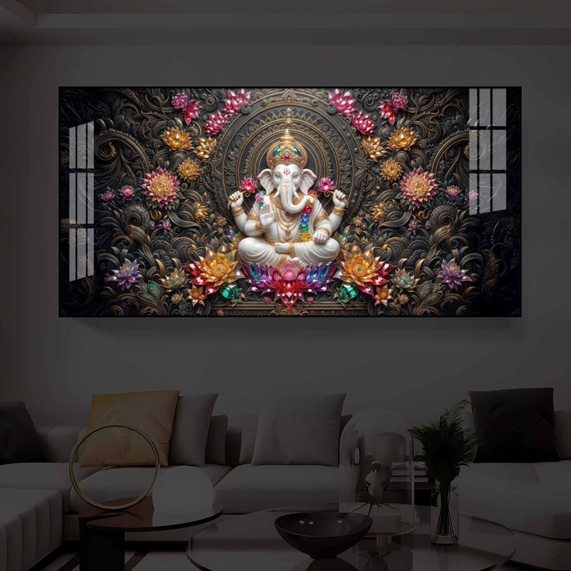 Lord Ganesha Blooming Lotuses Modern Luxury Backlight Horizontal Wall Art
