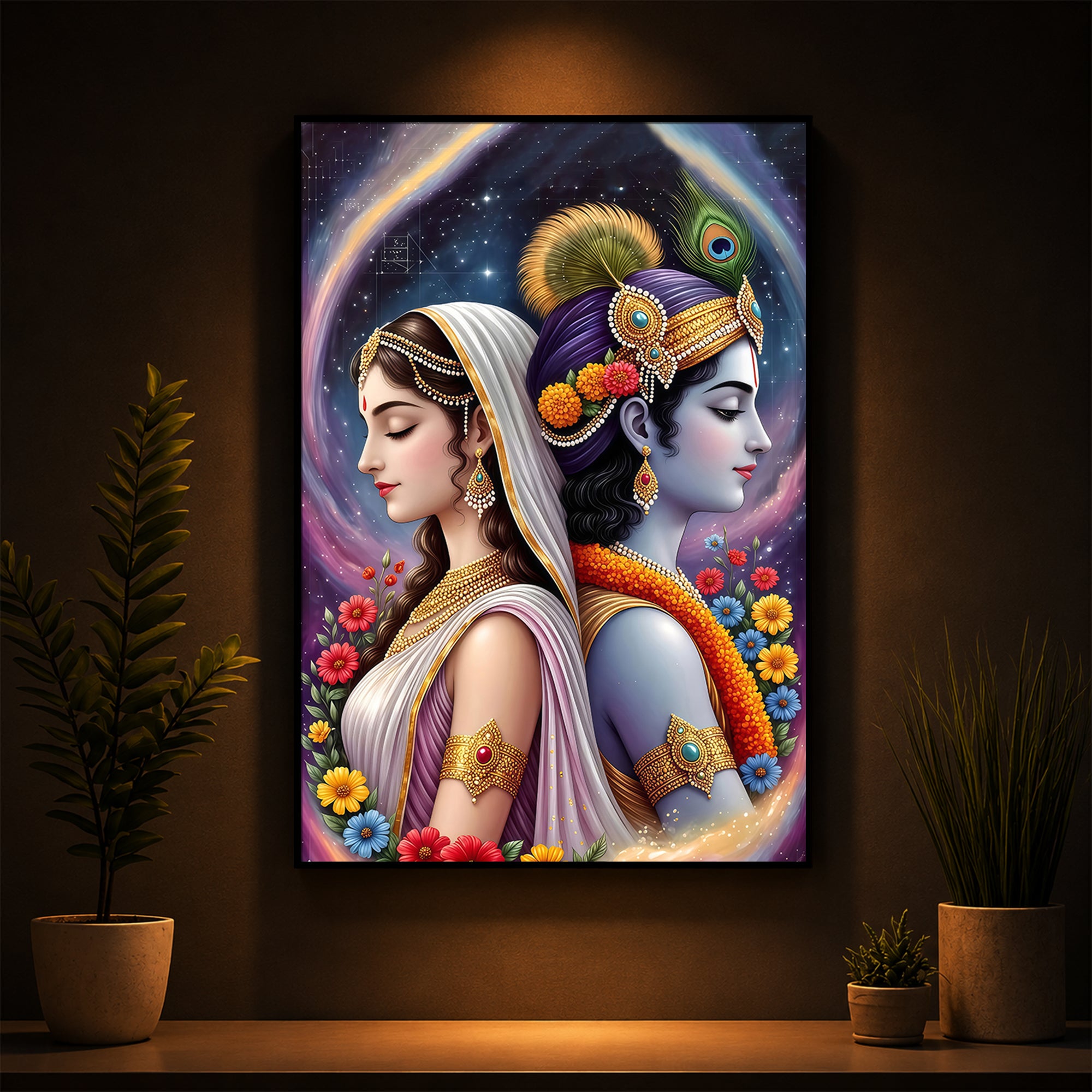 Lord Sri Radhe Krishna Modern Luxury Backlight Vertical Wall Art