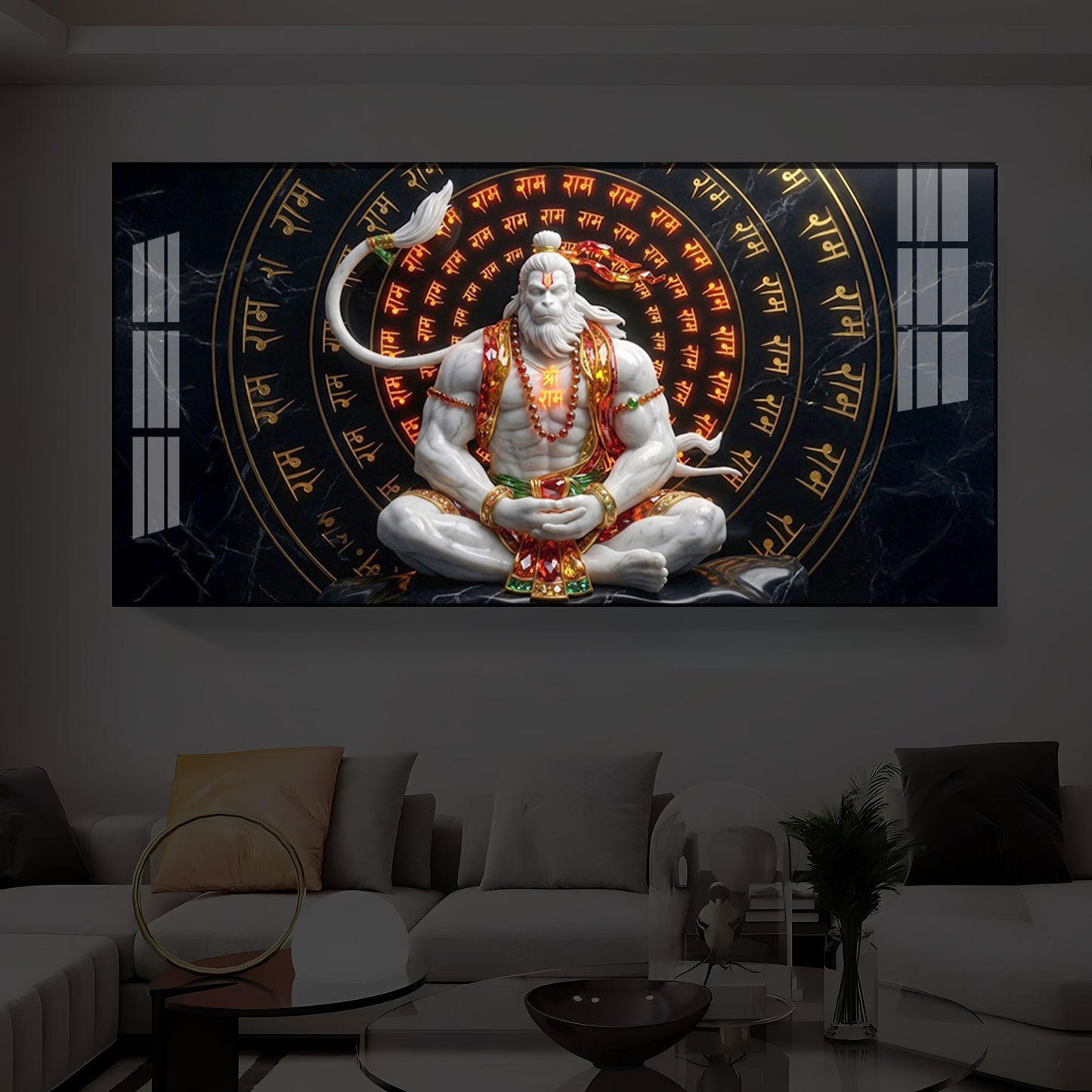 Lord Hanuman Sitting In A Meditative Modern Luxury Backlight Horizontal Wall Art