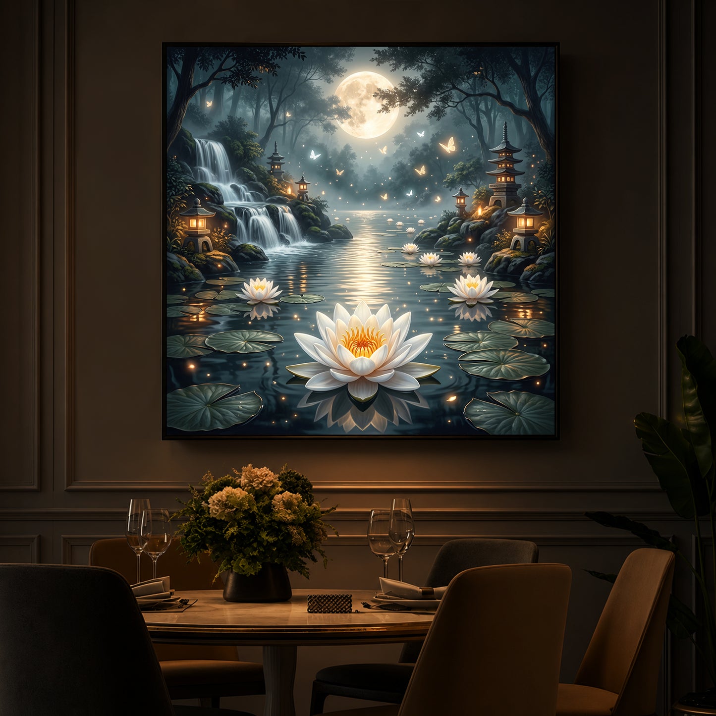 Moonlit Zen Lotus Pond Modern Luxury Backlight Square Wall Art