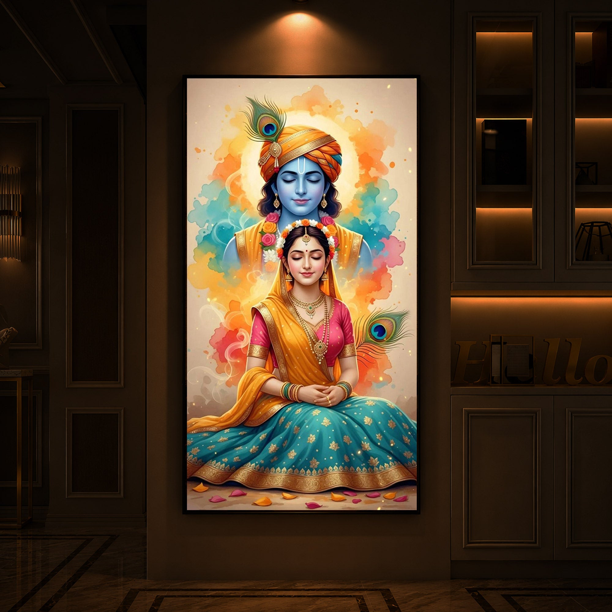 Radhe Krishna Modern Luxury Backlight Vertical Wall Art