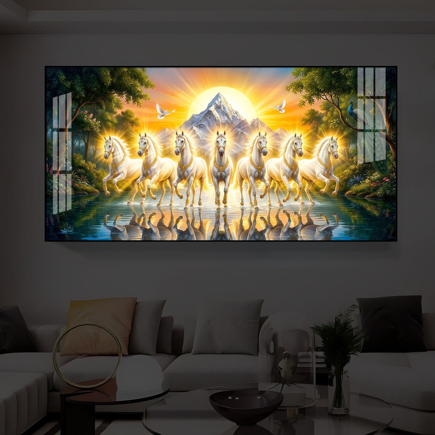 7 White Horses River Glloping Modern Luxury Backlight Horizontal Wall Art