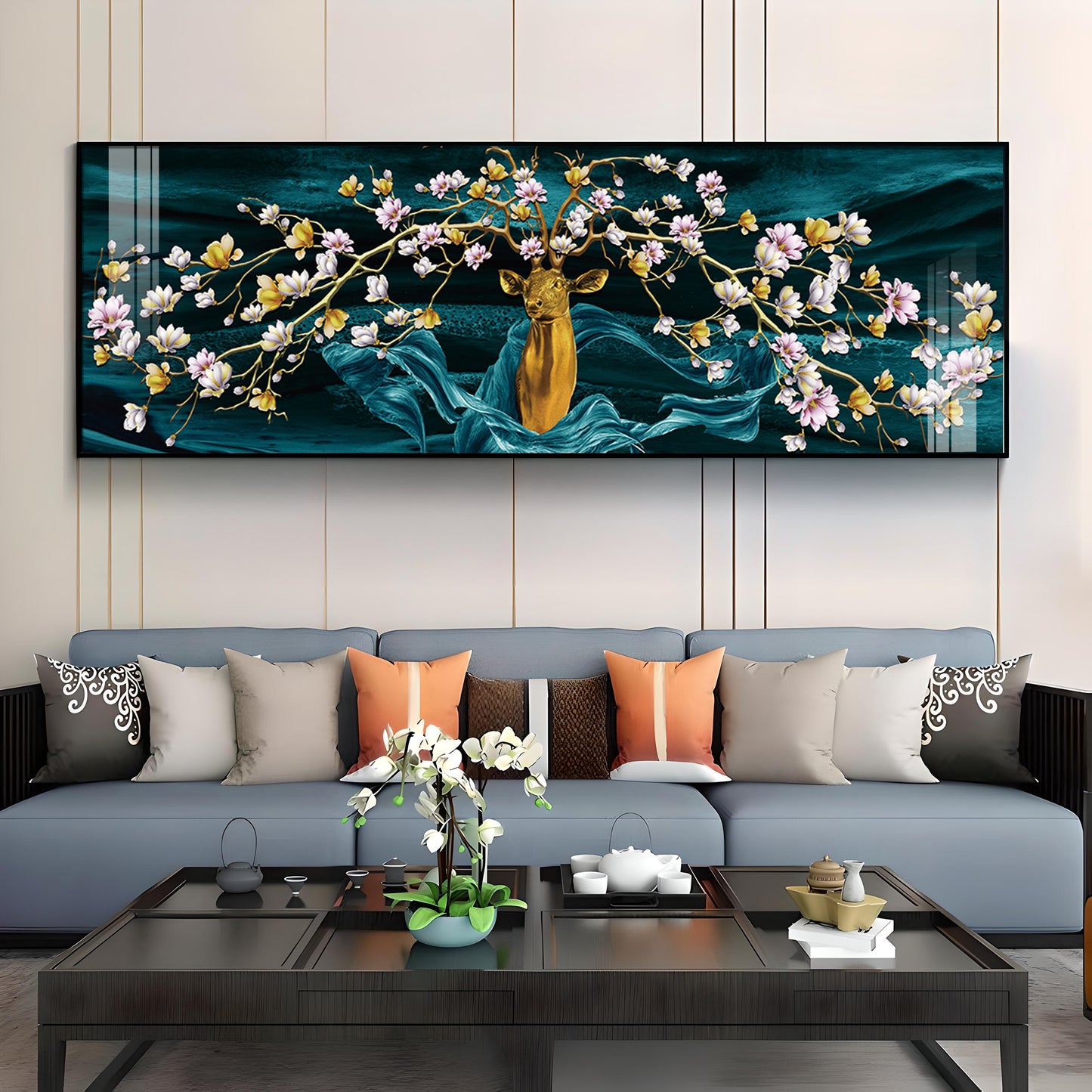 Golden Deer With Flowering Premium Acrylic Horizontal Wall Art