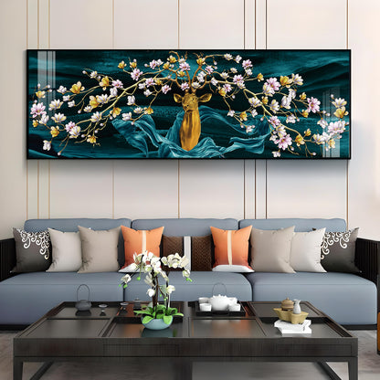 Golden Deer With Flowering Premium Acrylic Horizontal Wall Art