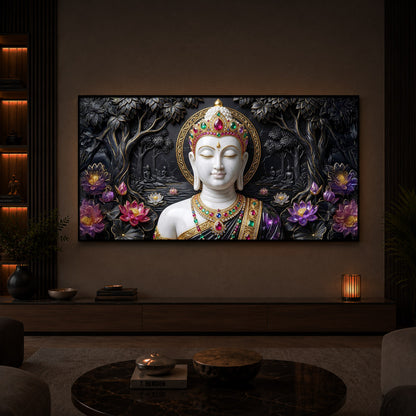 Lotus Serenity Lord Buddha Modern Luxury Backlight Horizontal Wall Art