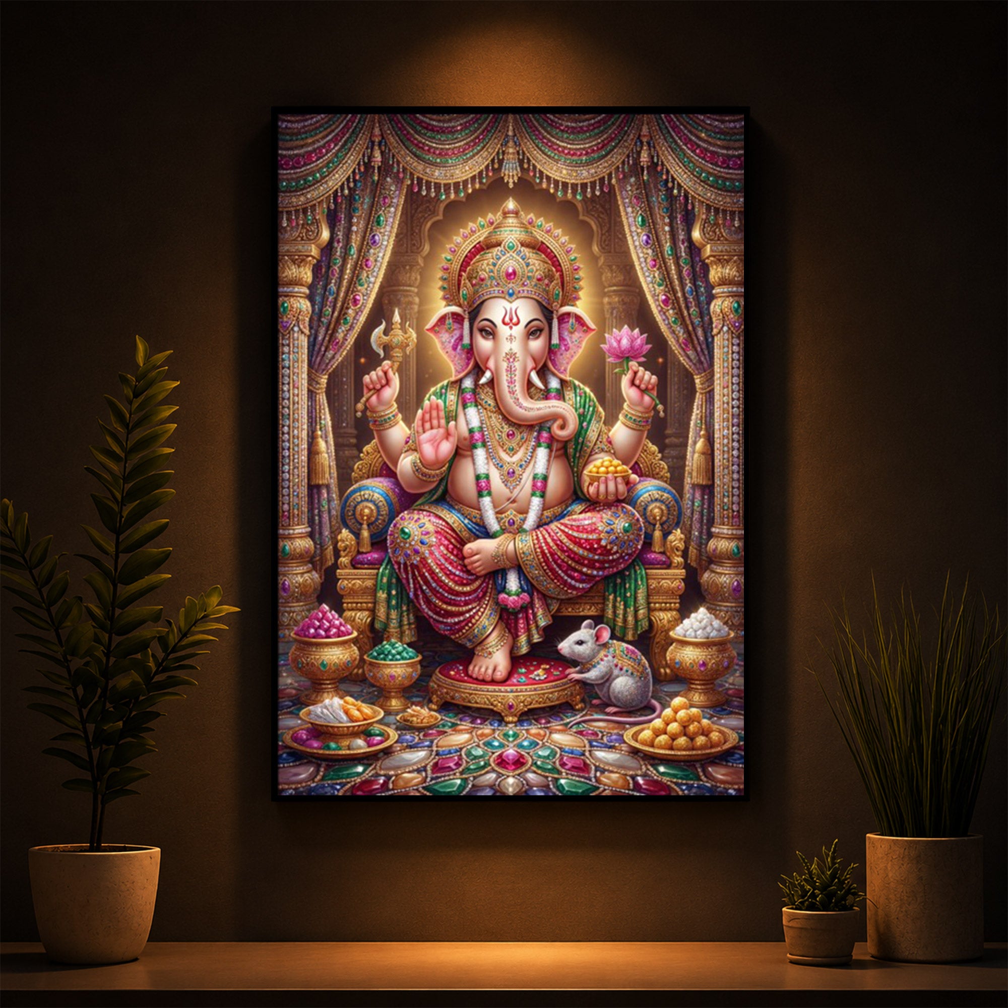 Shree Ganesh Darbar Modern Luxury Backlight Vertical Wall Art
