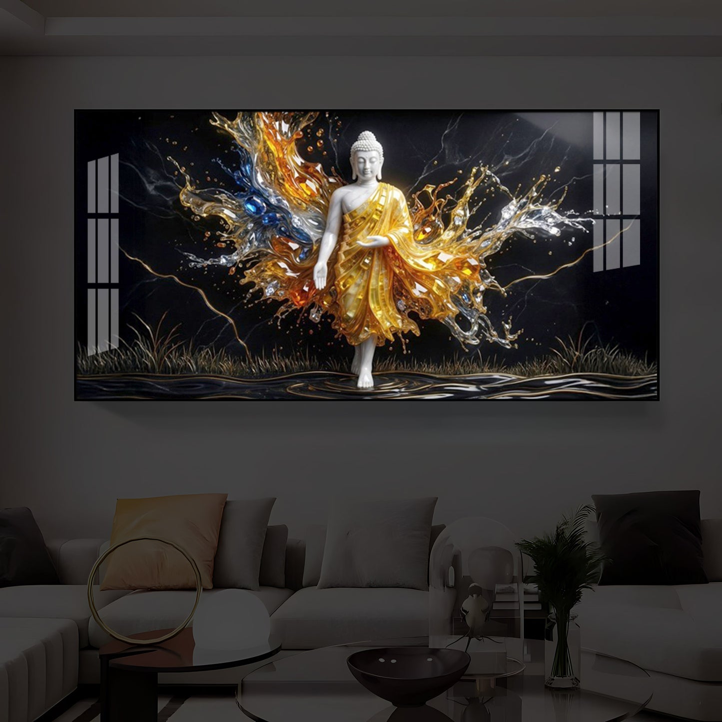 Embedded Buddha Modern Luxury Backlight Horizontal Wall Art