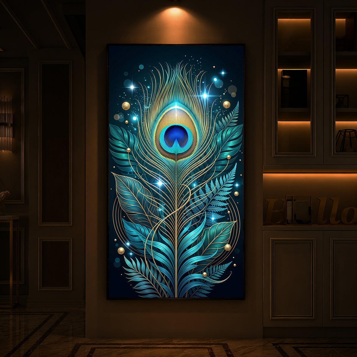 Radiant Peacock Feather Modern Luxury Backlight Vertical Wall Art