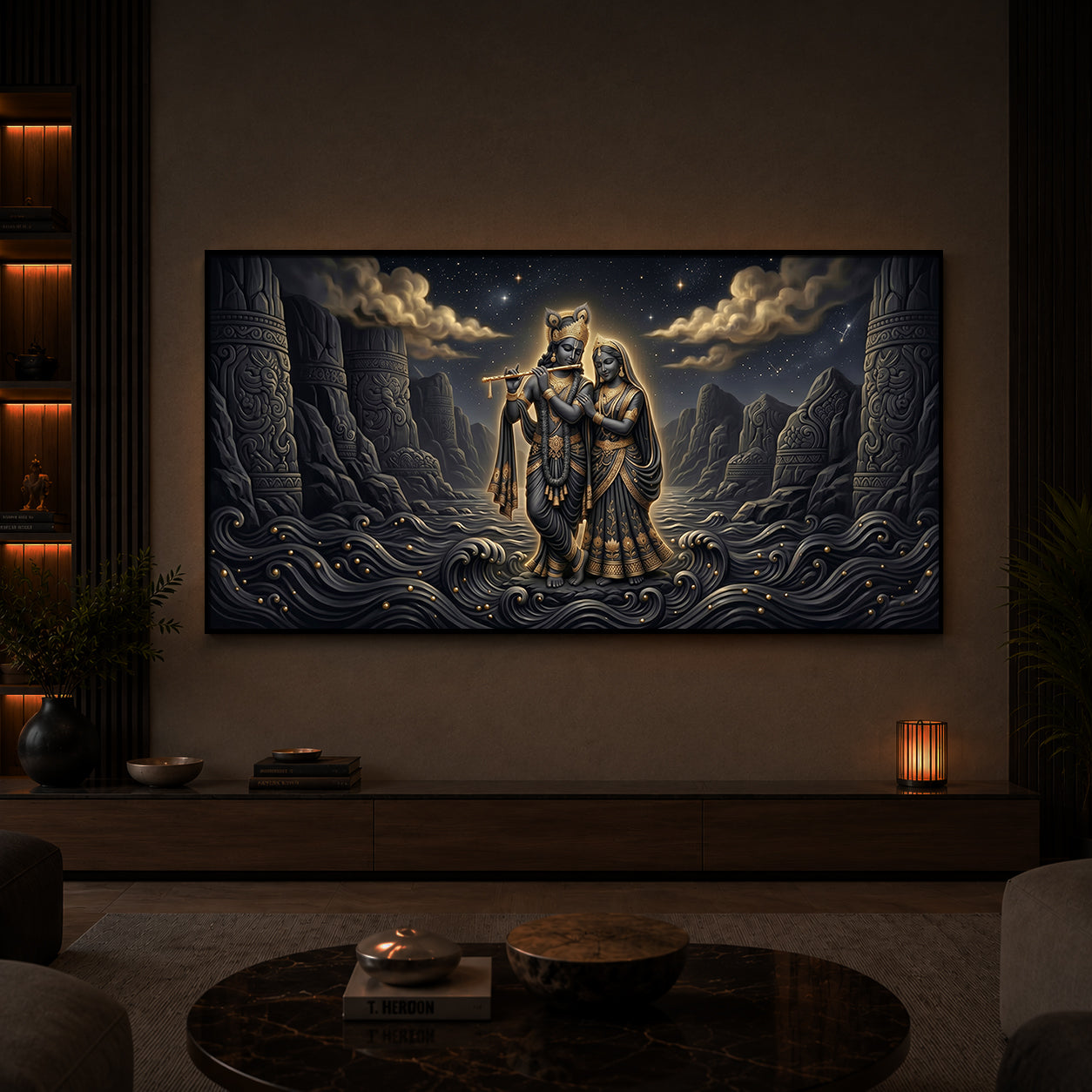 Depiction Of Radha Krishna Modern Luxury Backlight Horizontal Wall Art