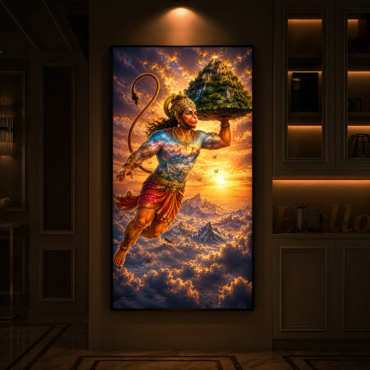 Lord Hanuman Carrying Sanjeevani Mountain Modern Luxury Backlight Vertical Wall Art