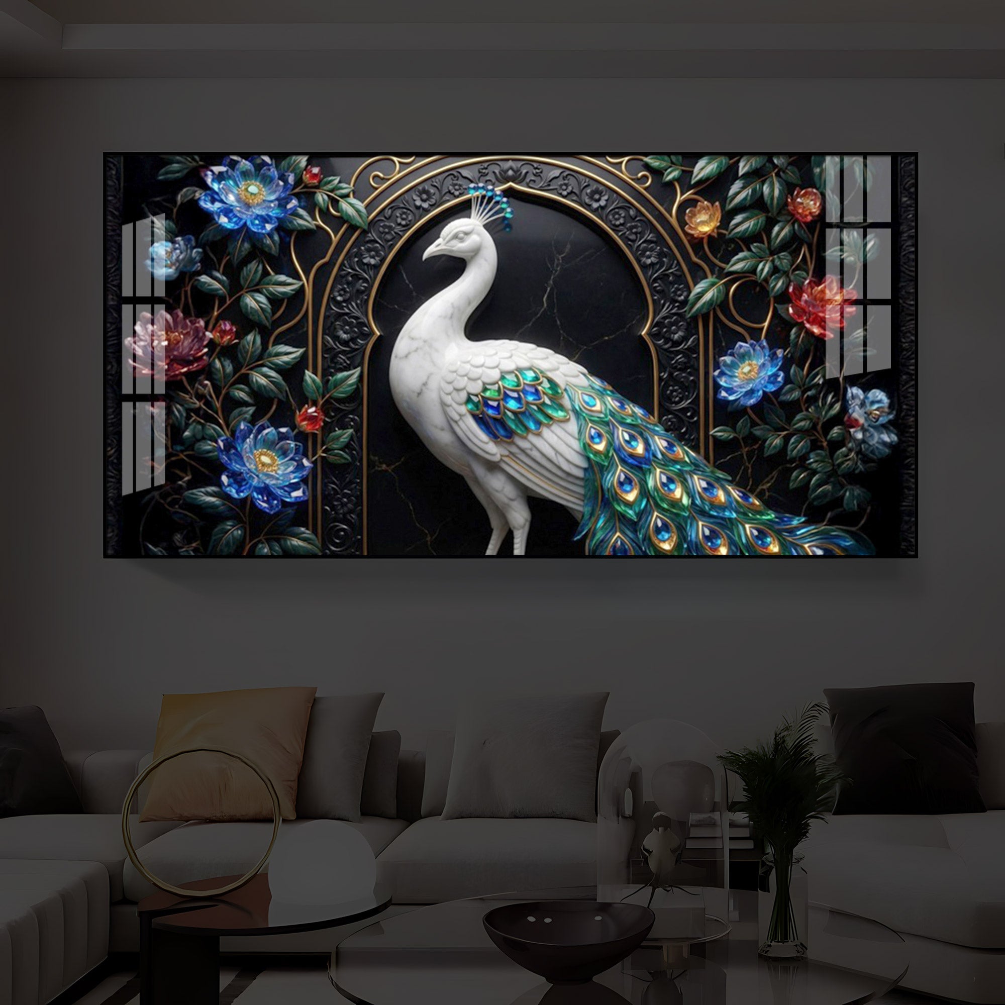 Majestic Peacock With Flower Modern Luxury Backlight Horizontal Wall Art