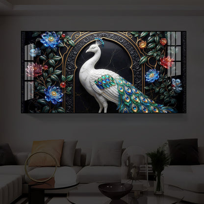 Majestic Peacock With Flower Modern Luxury Backlight Horizontal Wall Art