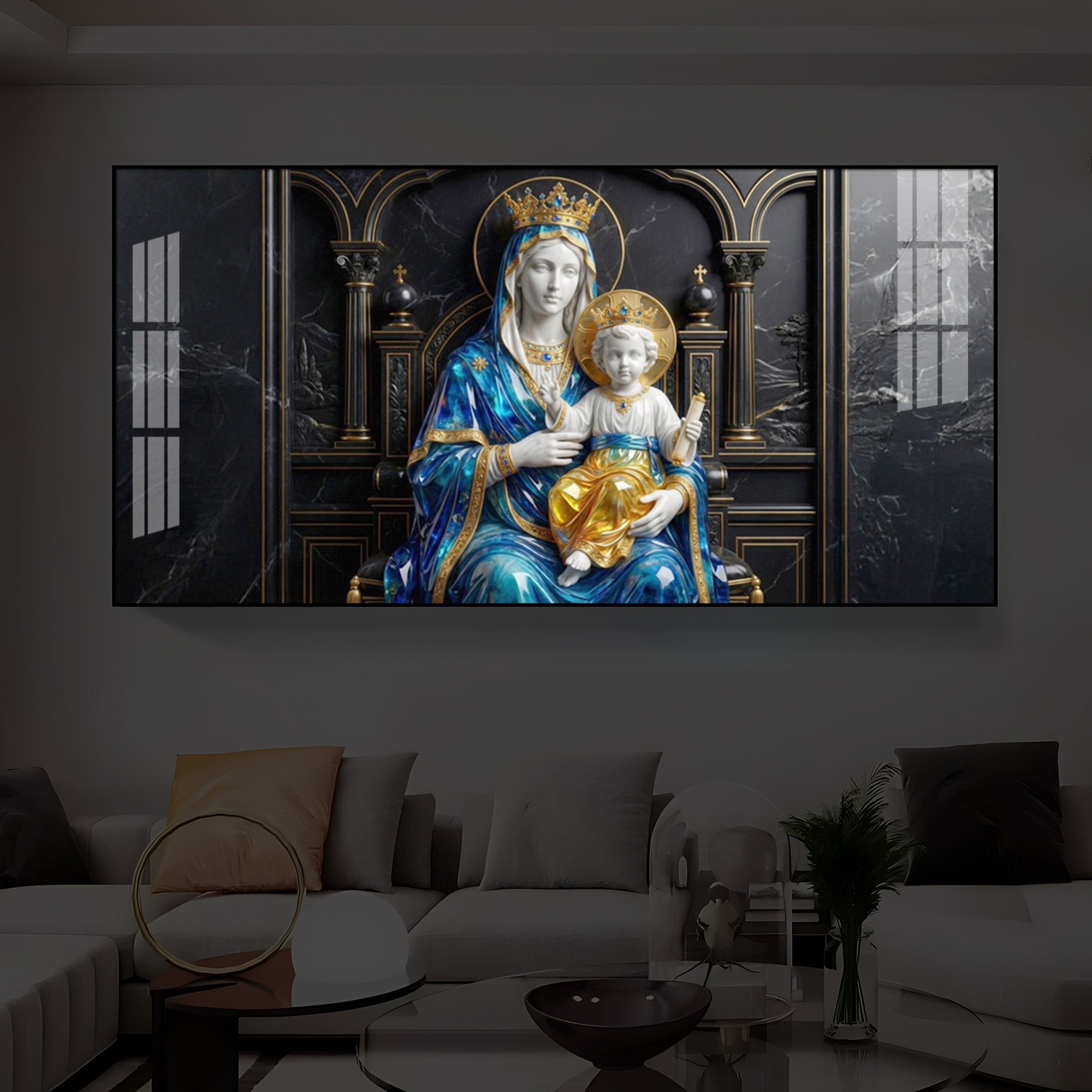 Mother Mary Holding Baby Jesus Modern Luxury Backlight Horizontal Wall Art