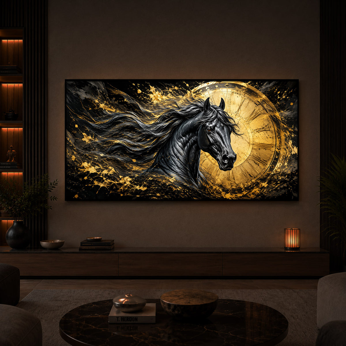 Abstract Black Horse Modern Luxury Backlight Horizontal Wall Art