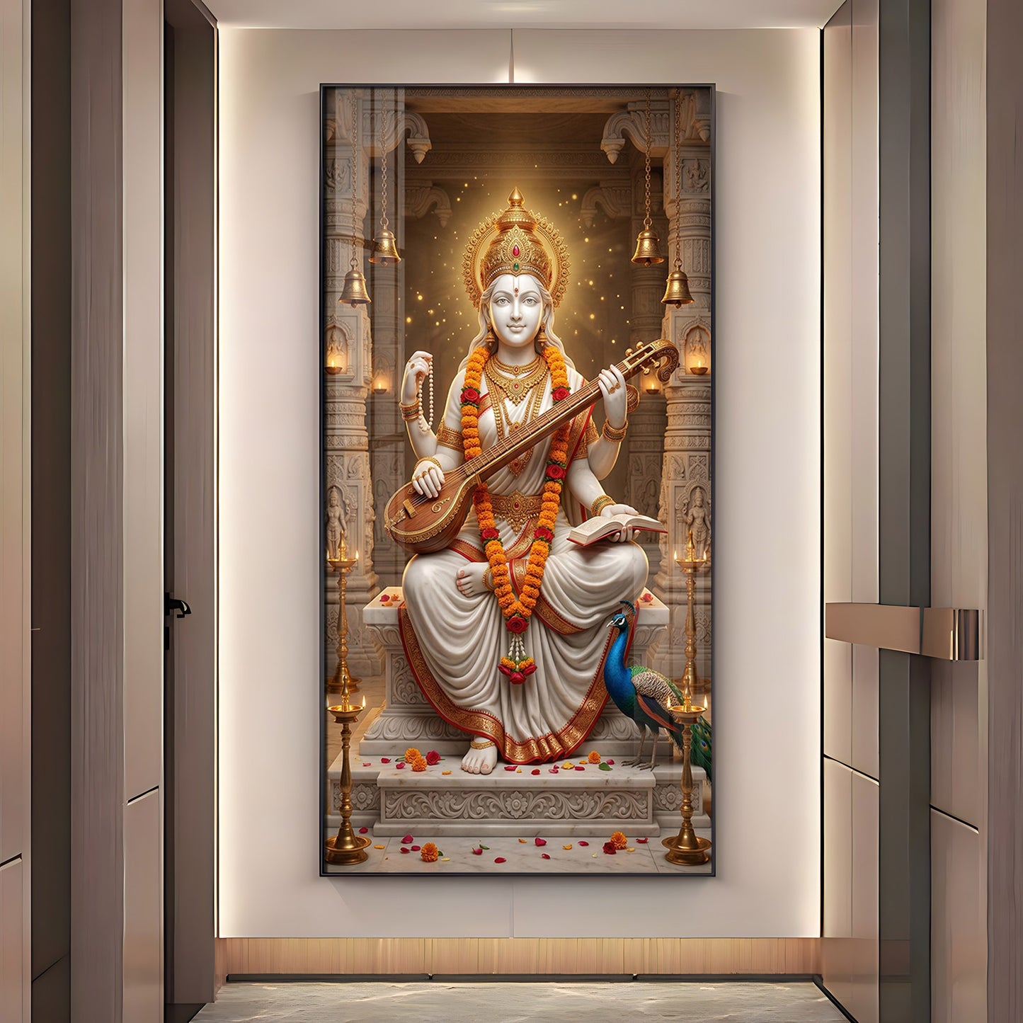 Divine Harmony Of Saraswati Maa Premium Acrylic Vertical Wall Art