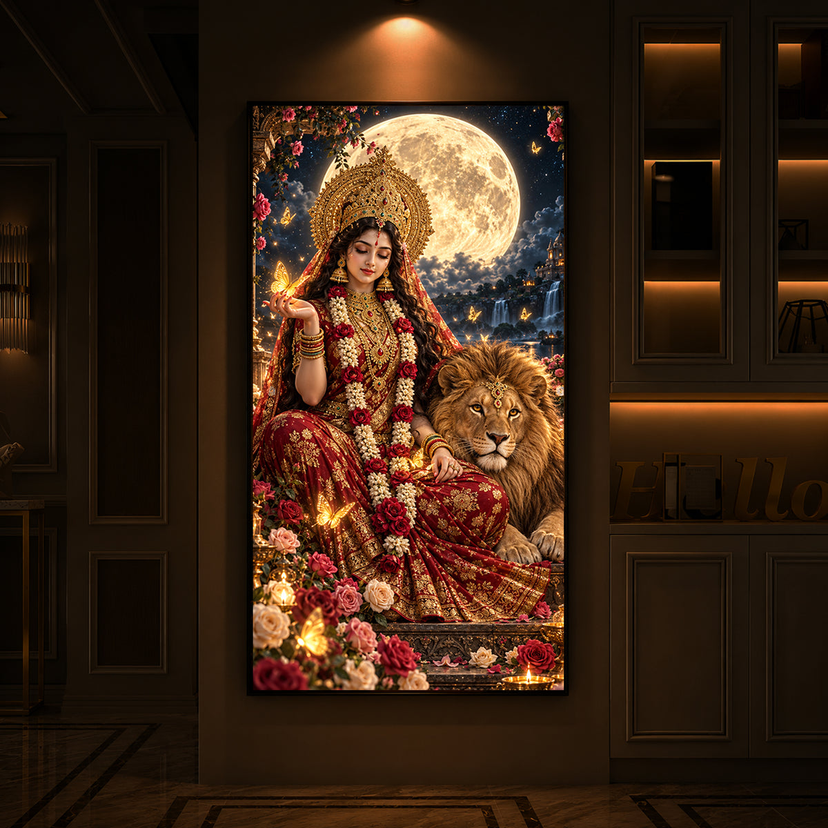 Maa Durga Moonlit Modern Luxury Backlight Vertical Wall Art