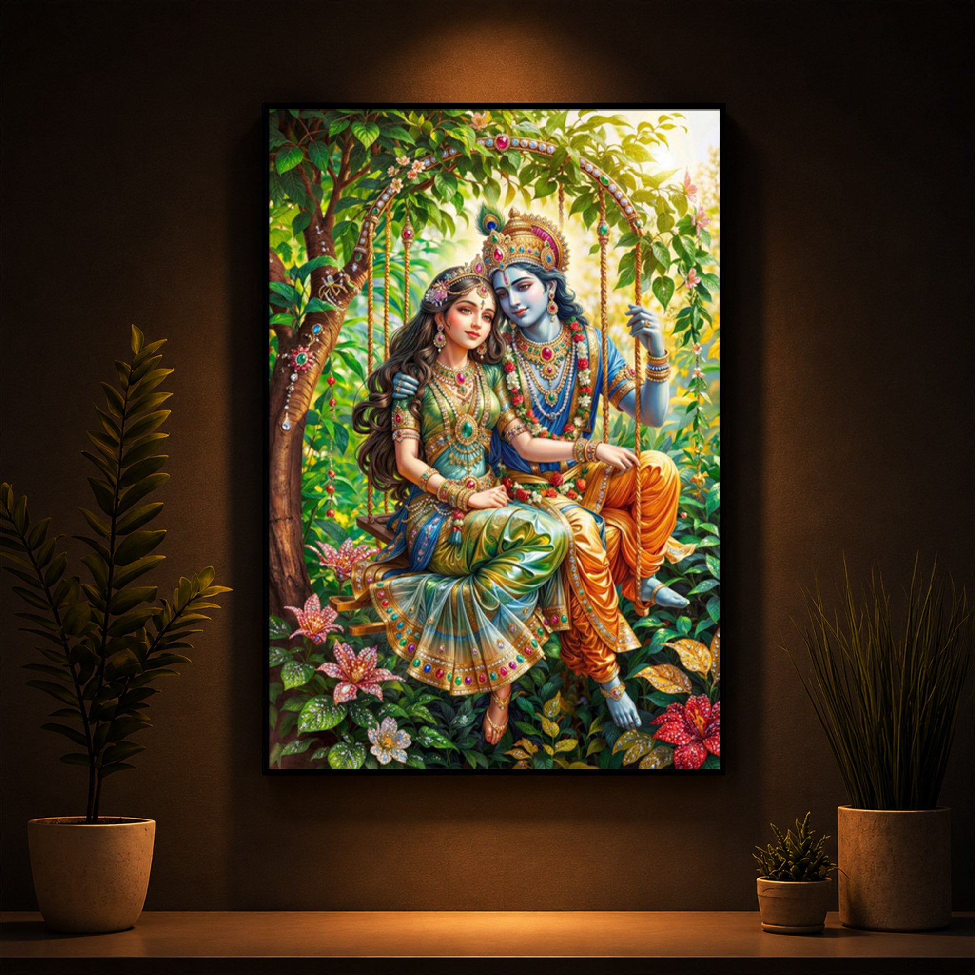 Radha Krishna Modern Luxury Backlight Vertical Wall Art